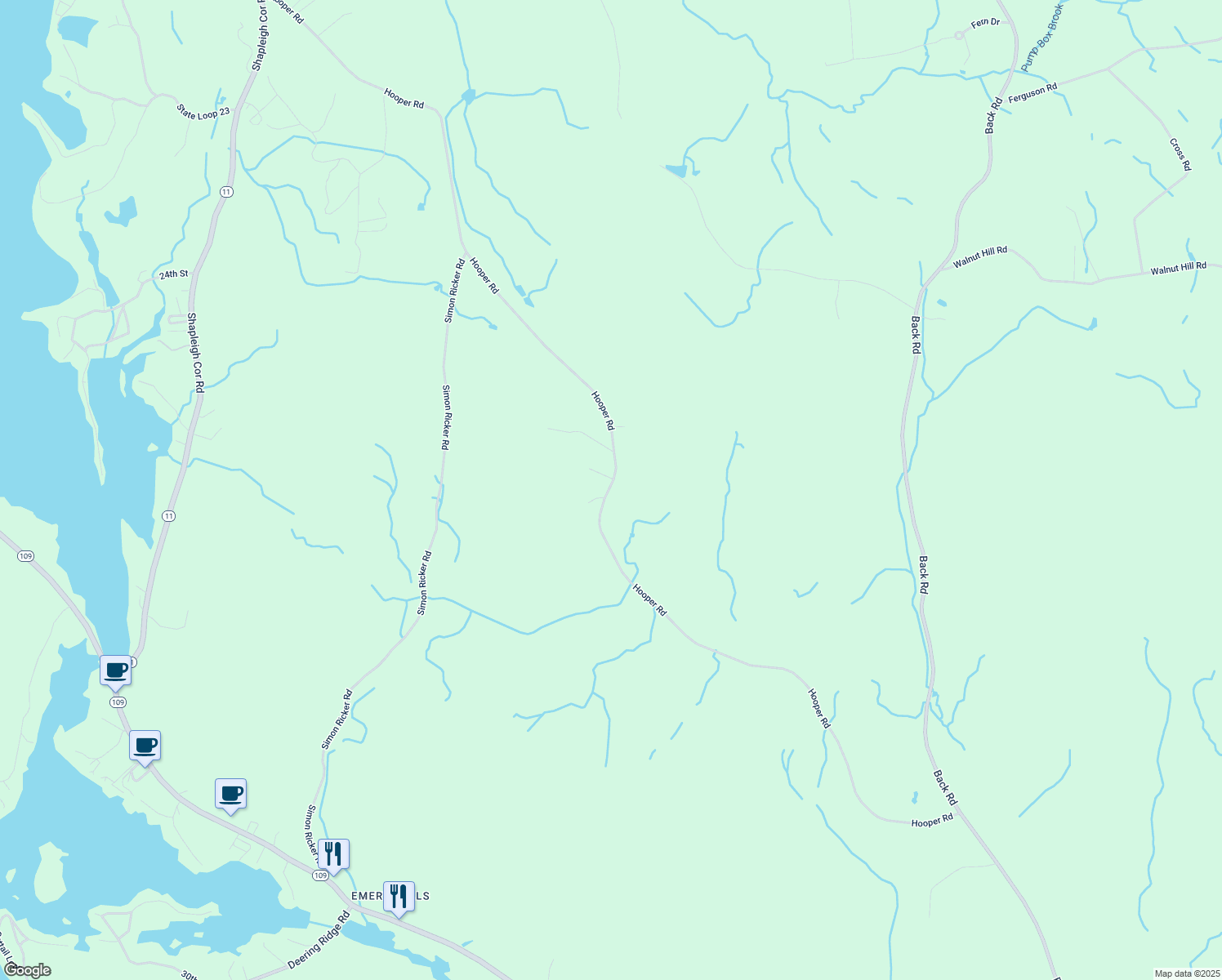 map of restaurants, bars, coffee shops, grocery stores, and more near 350 Hooper Road in Shapleigh