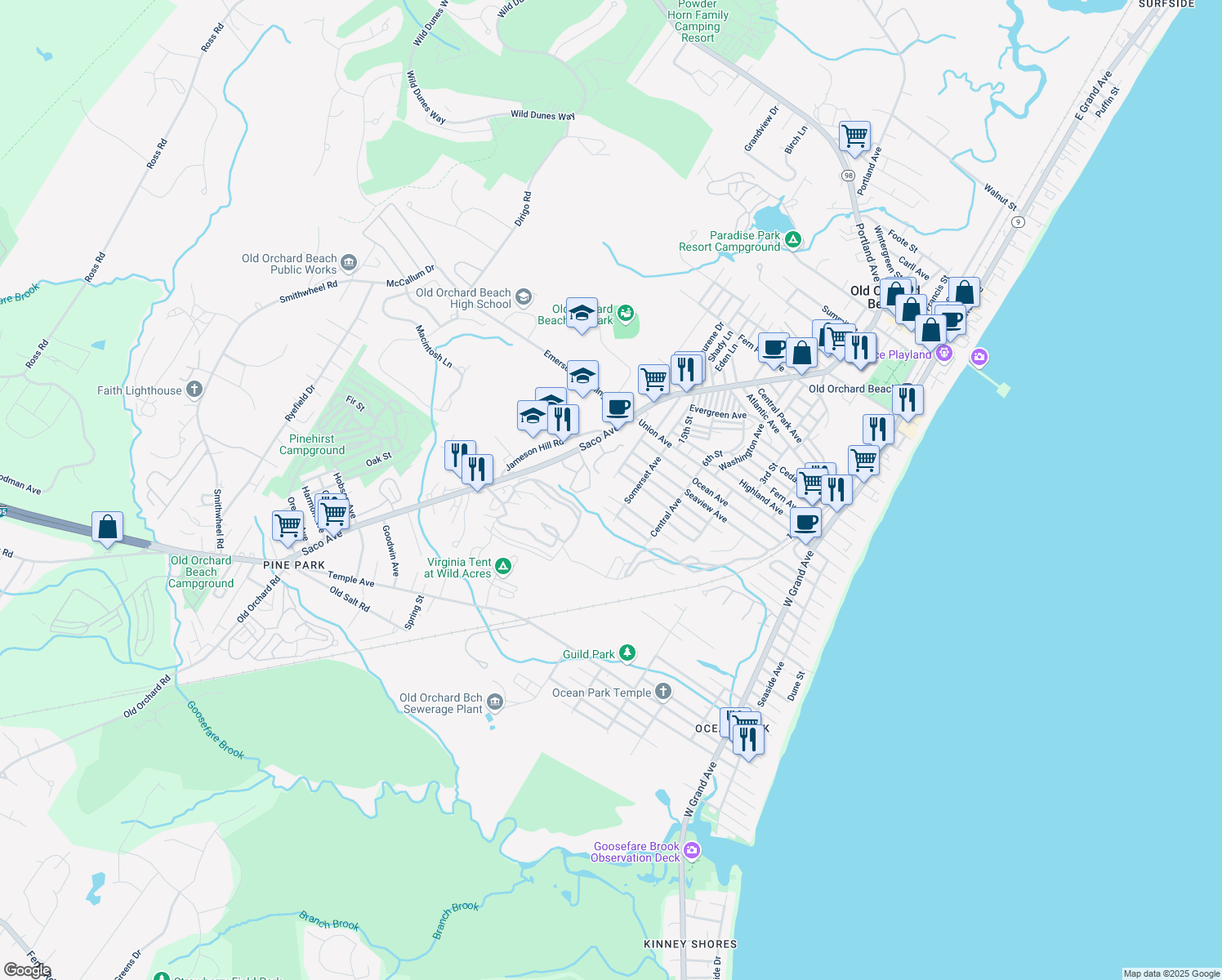 map of restaurants, bars, coffee shops, grocery stores, and more near 34 Cookman Ave in Old Orchard Beach