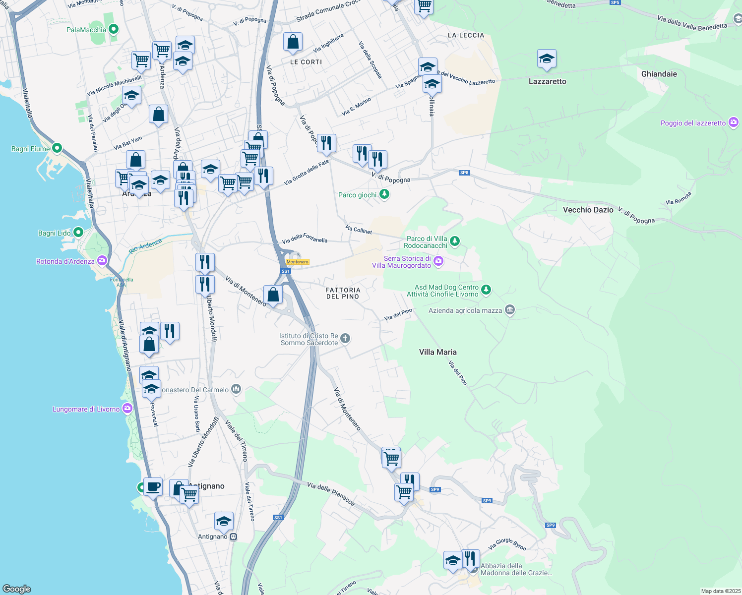 map of restaurants, bars, coffee shops, grocery stores, and more near 133 Via dell'Olivara in Livorno