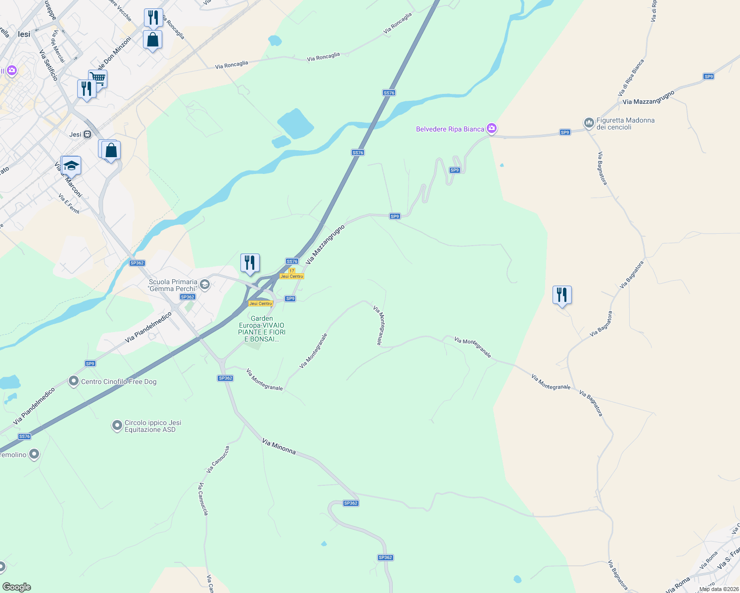 map of restaurants, bars, coffee shops, grocery stores, and more near 19 Via Montegranale in Provincia di Ancona