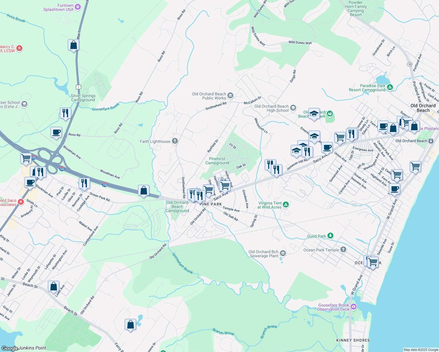 map of restaurants, bars, coffee shops, grocery stores, and more near 15 Center Street in Old Orchard Beach