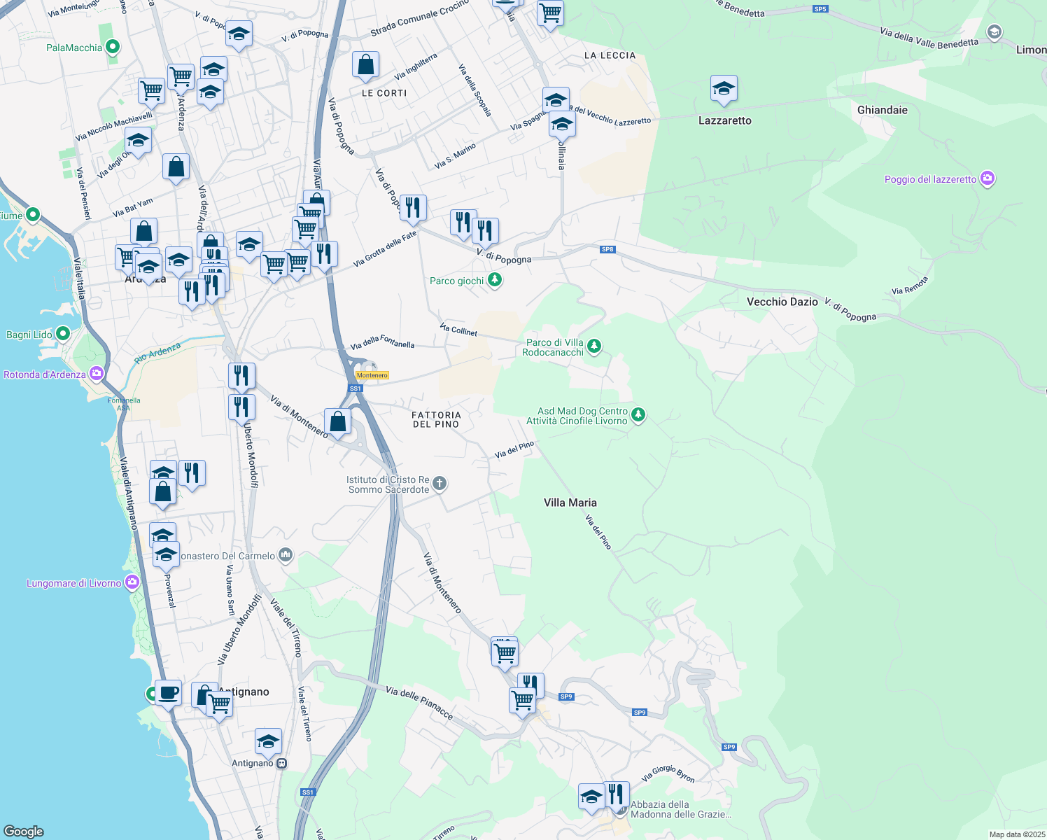 map of restaurants, bars, coffee shops, grocery stores, and more near 101 Via del Pino in Livorno