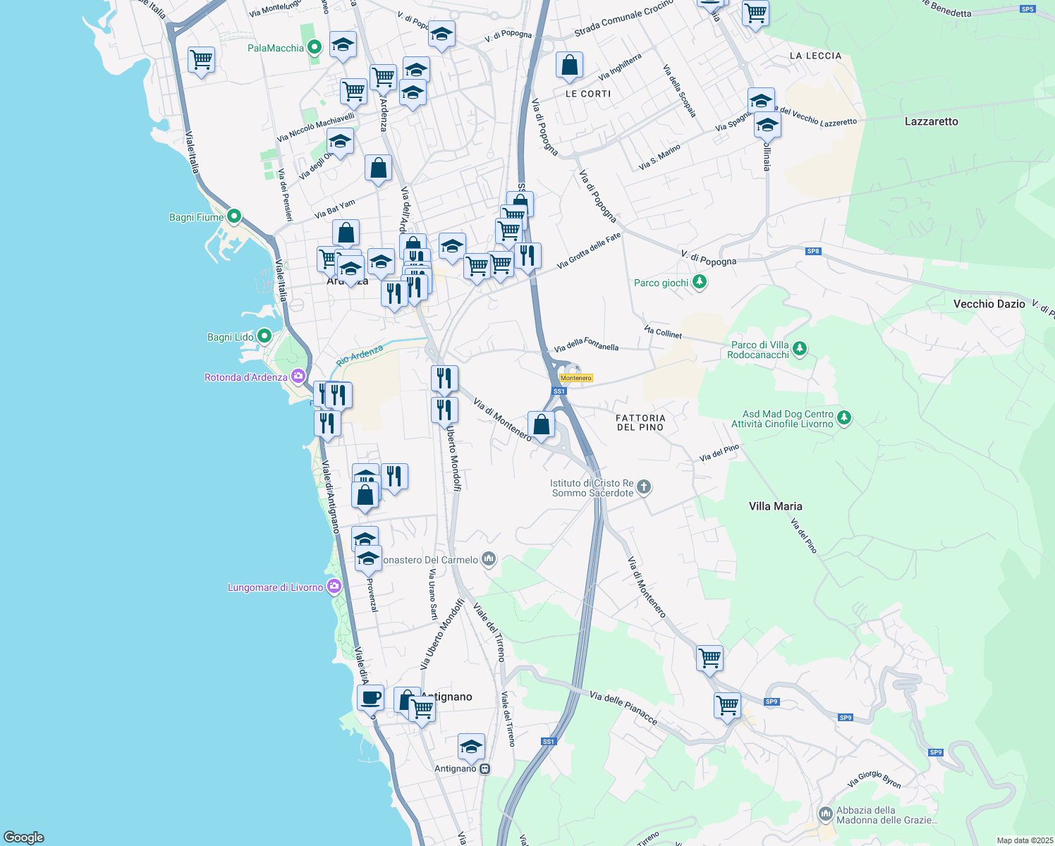 map of restaurants, bars, coffee shops, grocery stores, and more near 25 Via di Montenero in Livorno