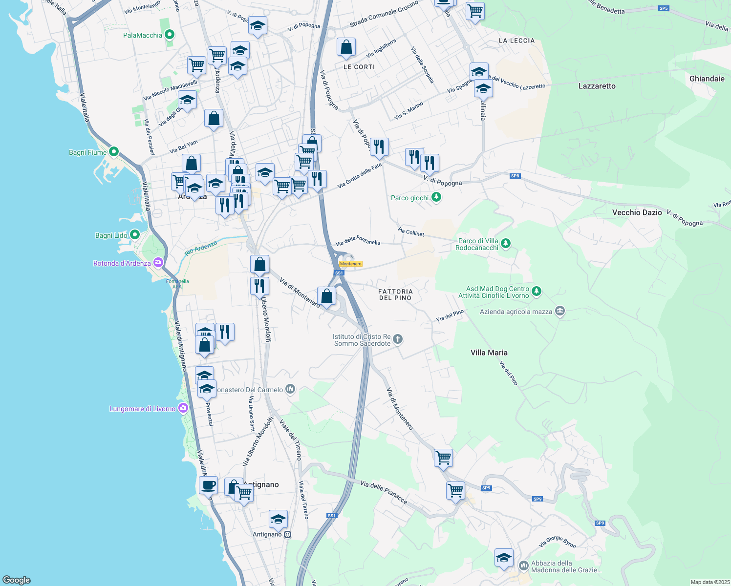 map of restaurants, bars, coffee shops, grocery stores, and more near 18 Via del Pino in Livorno