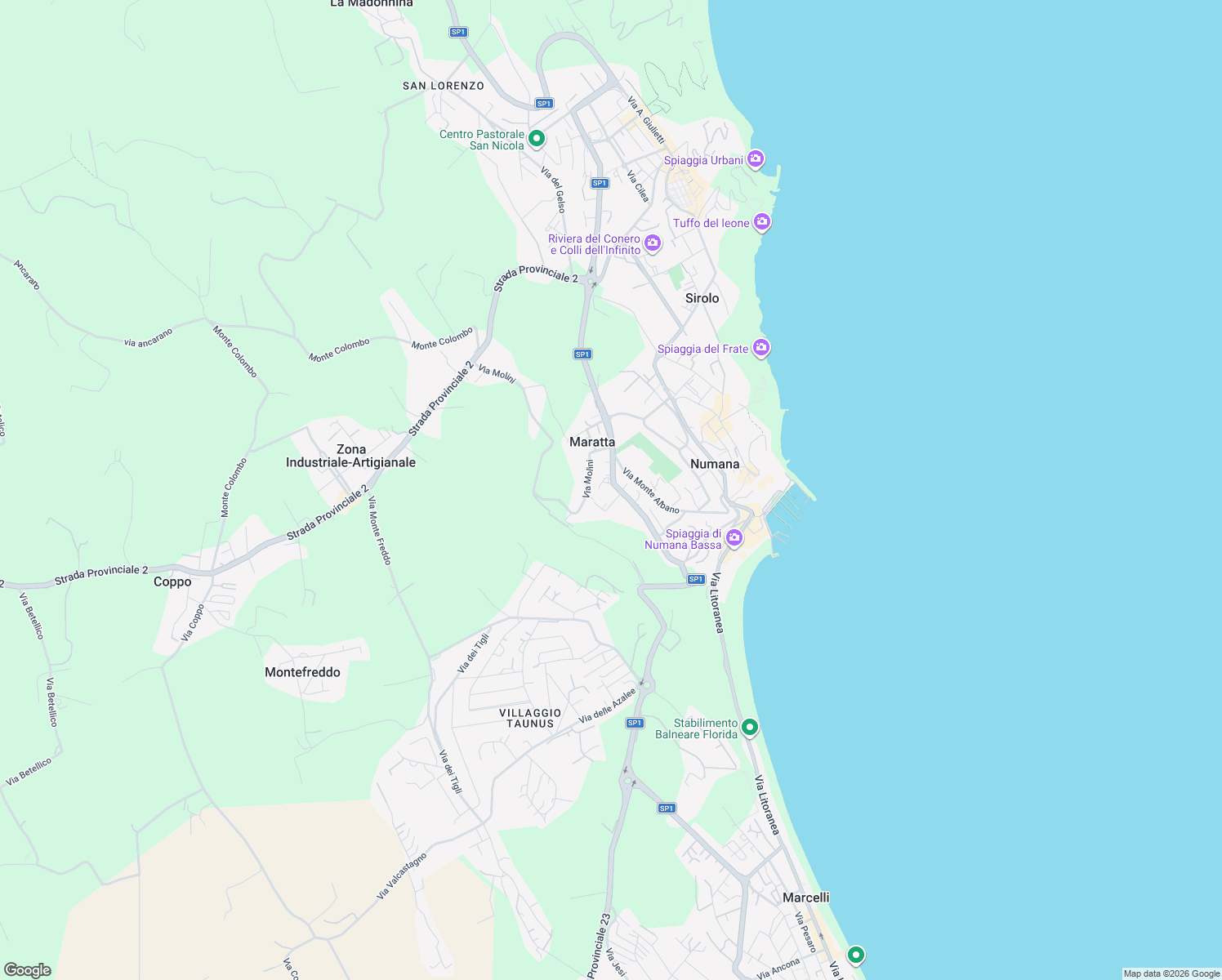 map of restaurants, bars, coffee shops, grocery stores, and more near 17 SP1 in Numana