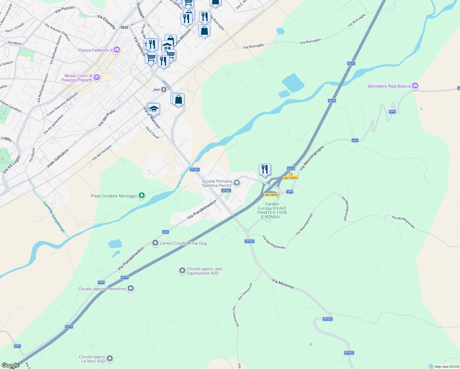 map of restaurants, bars, coffee shops, grocery stores, and more near 18 Via Musone in Jesi