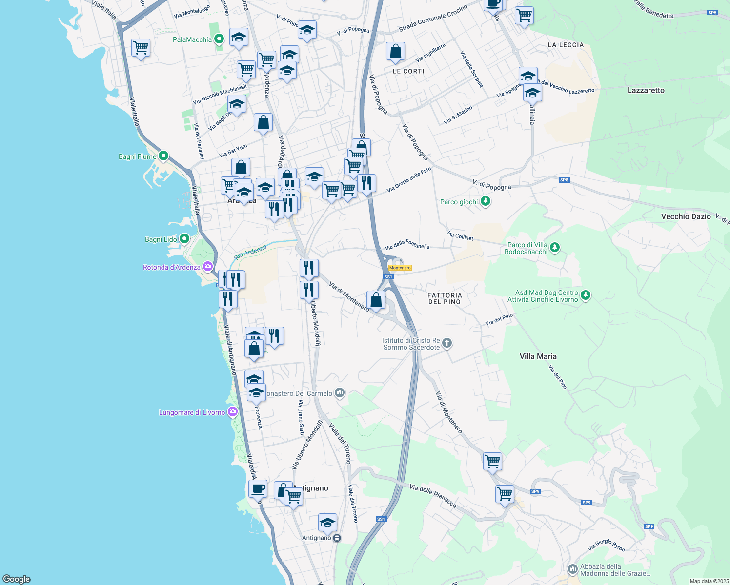 map of restaurants, bars, coffee shops, grocery stores, and more near 25 Via di Montenero in Livorno