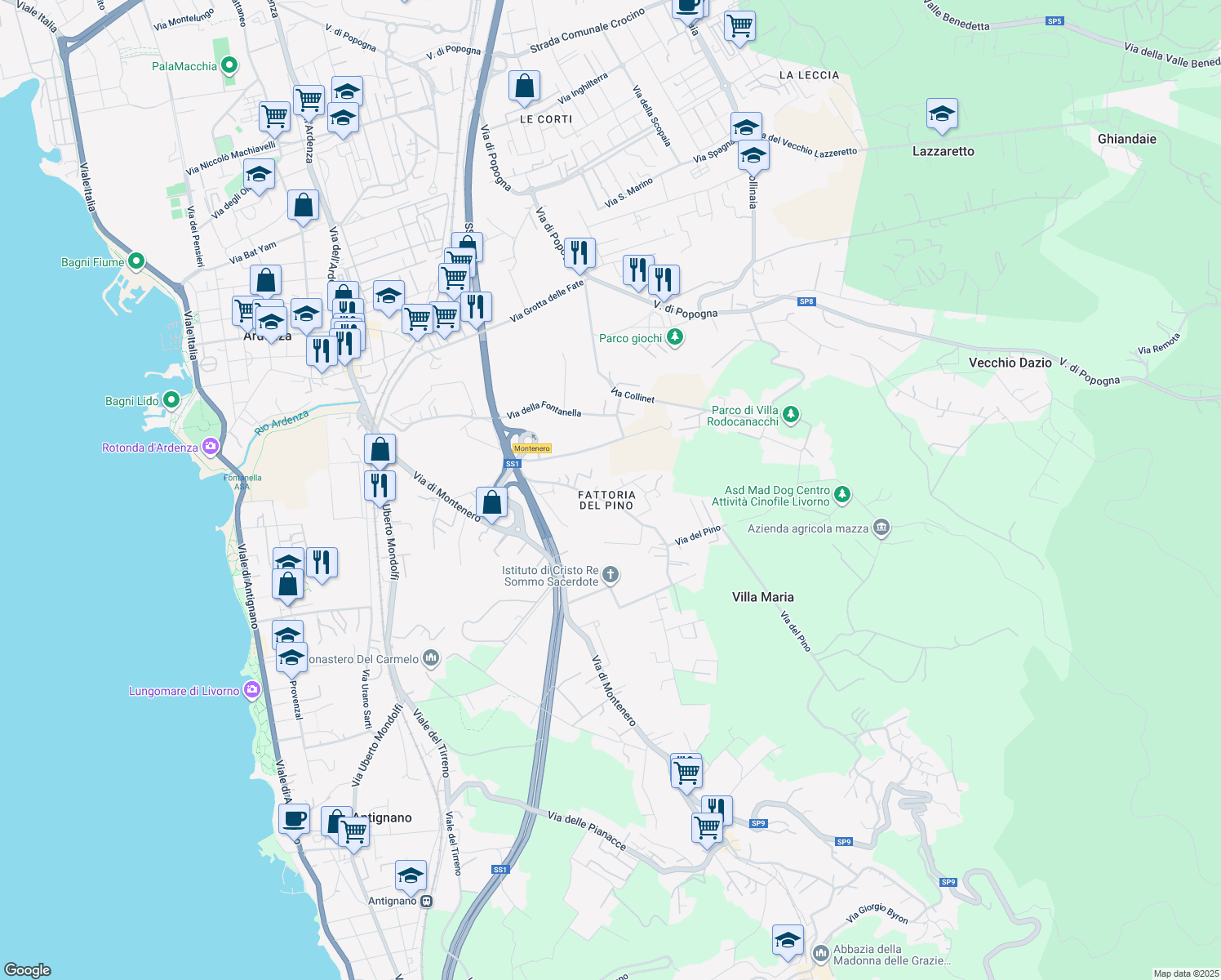 map of restaurants, bars, coffee shops, grocery stores, and more near 51 Via del Pino in Livorno