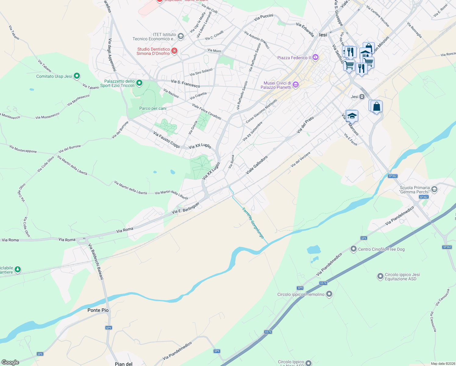 map of restaurants, bars, coffee shops, grocery stores, and more near 2 Via Zara in Jesi