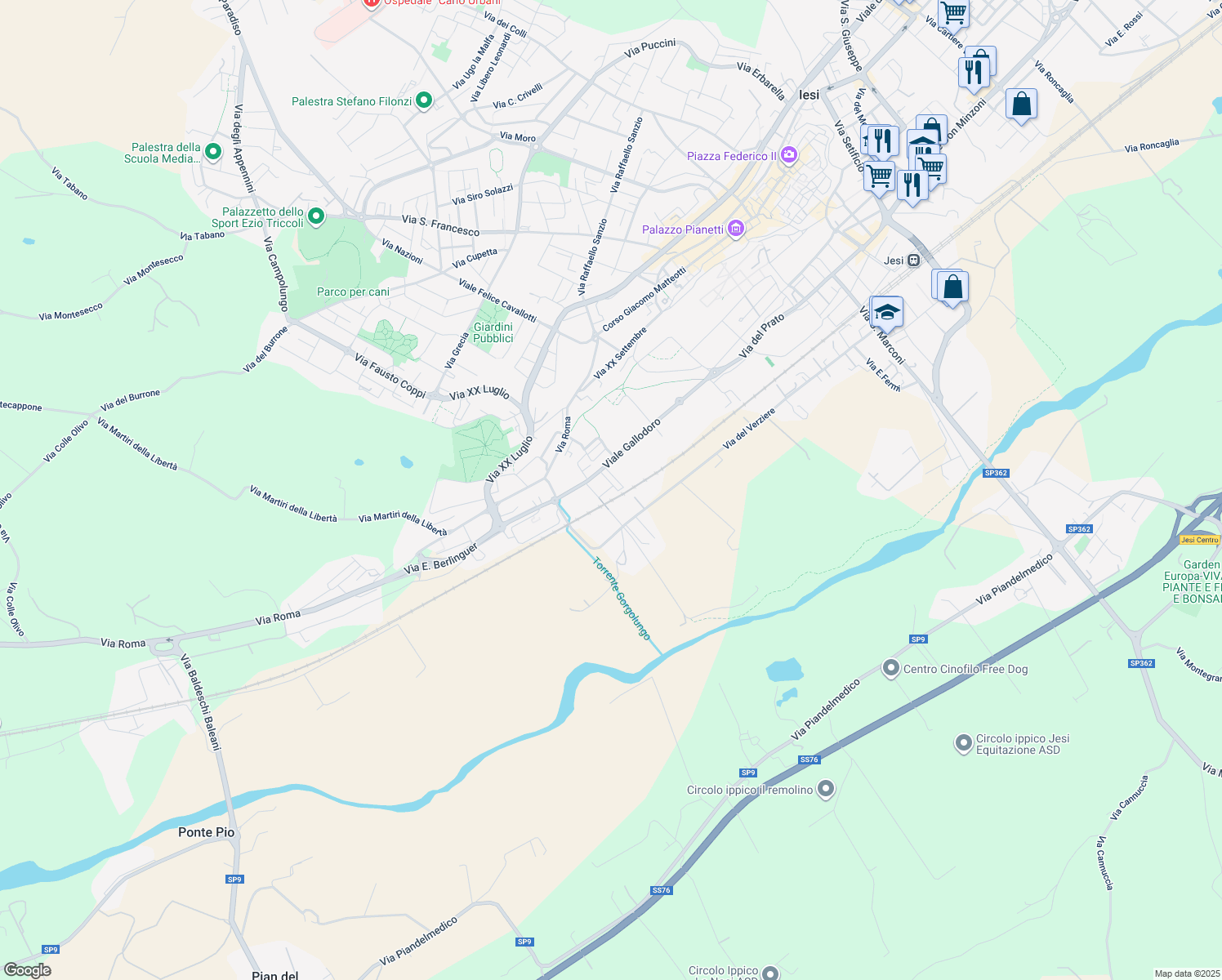 map of restaurants, bars, coffee shops, grocery stores, and more near 38 Via Zara in Jesi