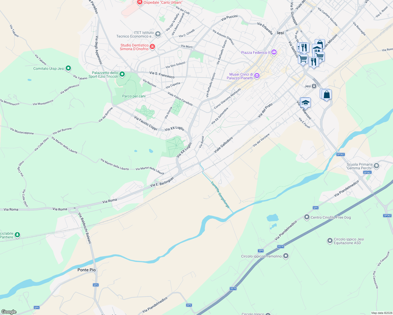 map of restaurants, bars, coffee shops, grocery stores, and more near 2 Via Zara in Jesi