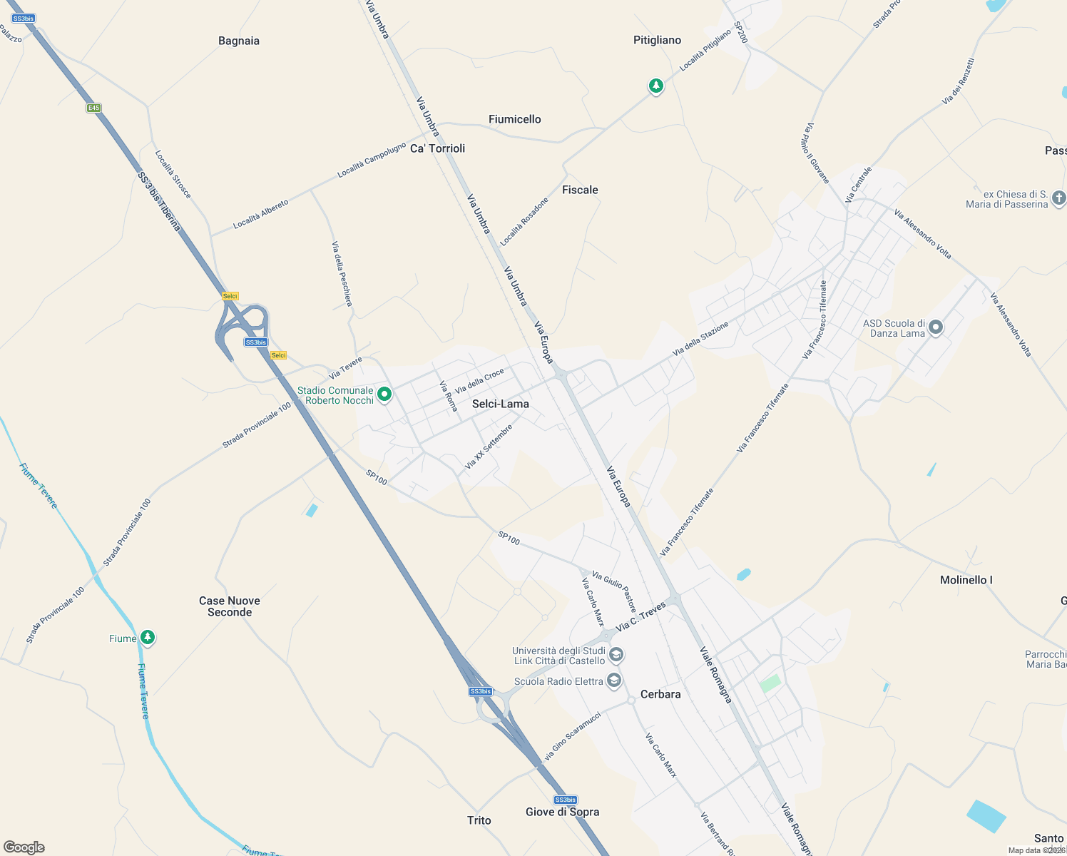 map of restaurants, bars, coffee shops, grocery stores, and more near 18 Via del Lavoro in Selci Lama