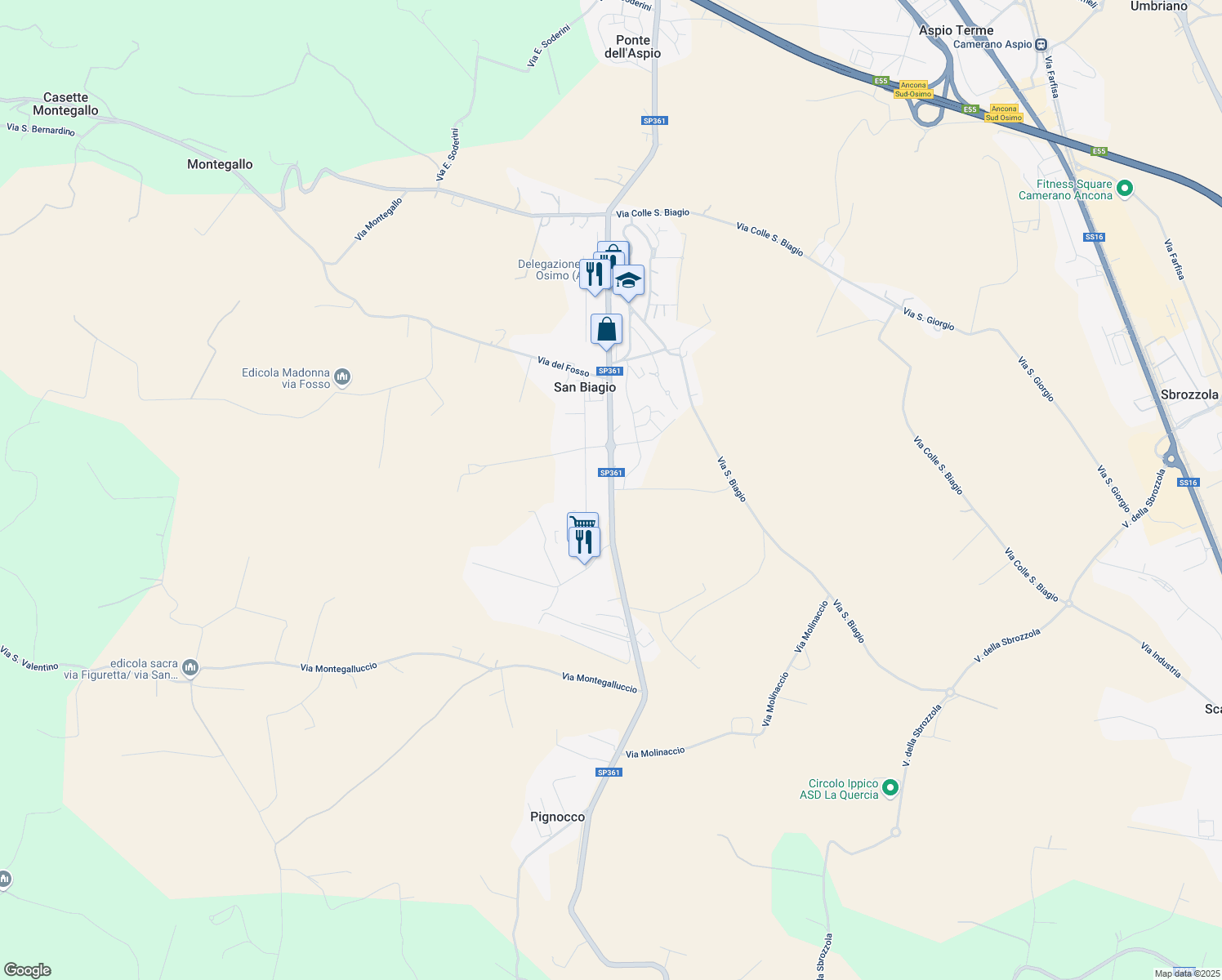 map of restaurants, bars, coffee shops, grocery stores, and more near 65 Via Ancona in San Biagio