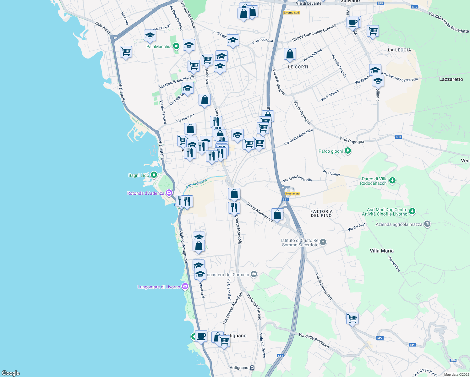 map of restaurants, bars, coffee shops, grocery stores, and more near 7 Via Grotta delle Fate in Livorno