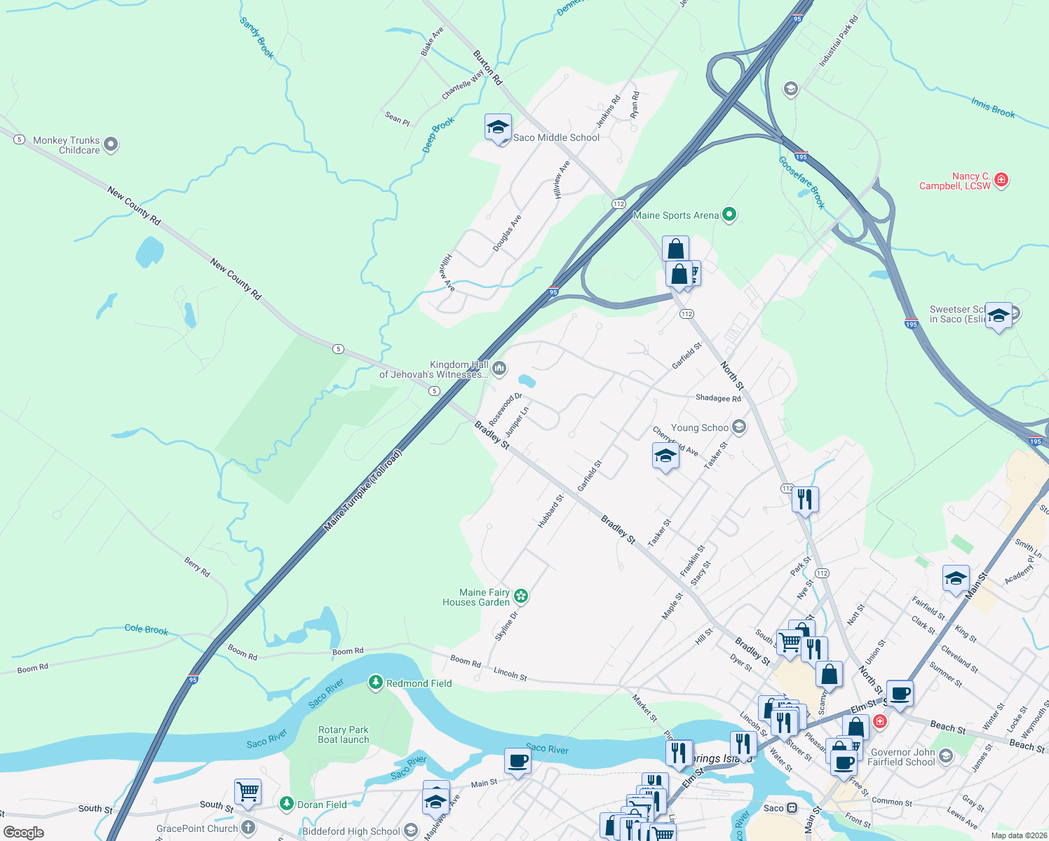 map of restaurants, bars, coffee shops, grocery stores, and more near 54 Rosewood Dr in Saco