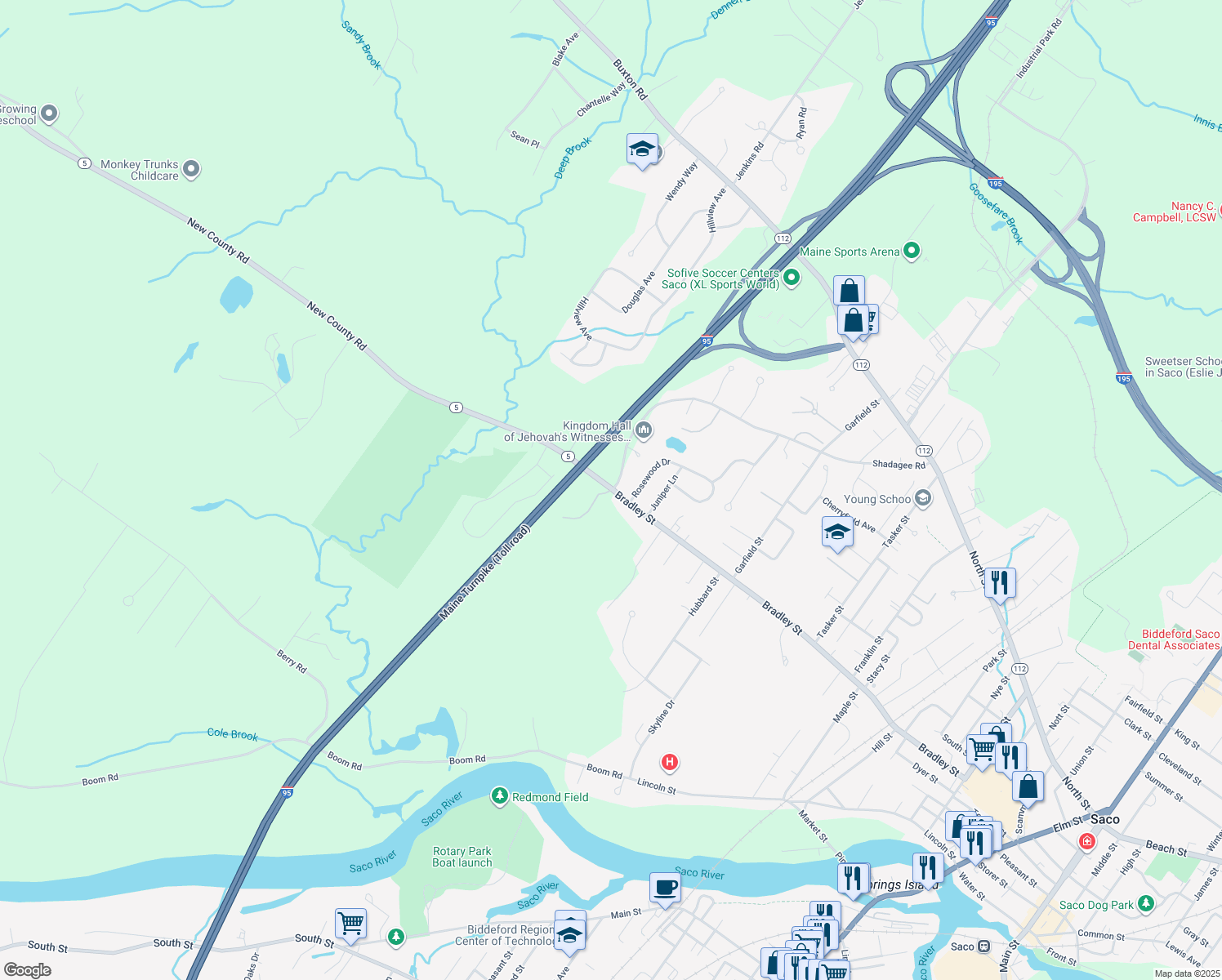 map of restaurants, bars, coffee shops, grocery stores, and more near 340 Bradley Street in Saco
