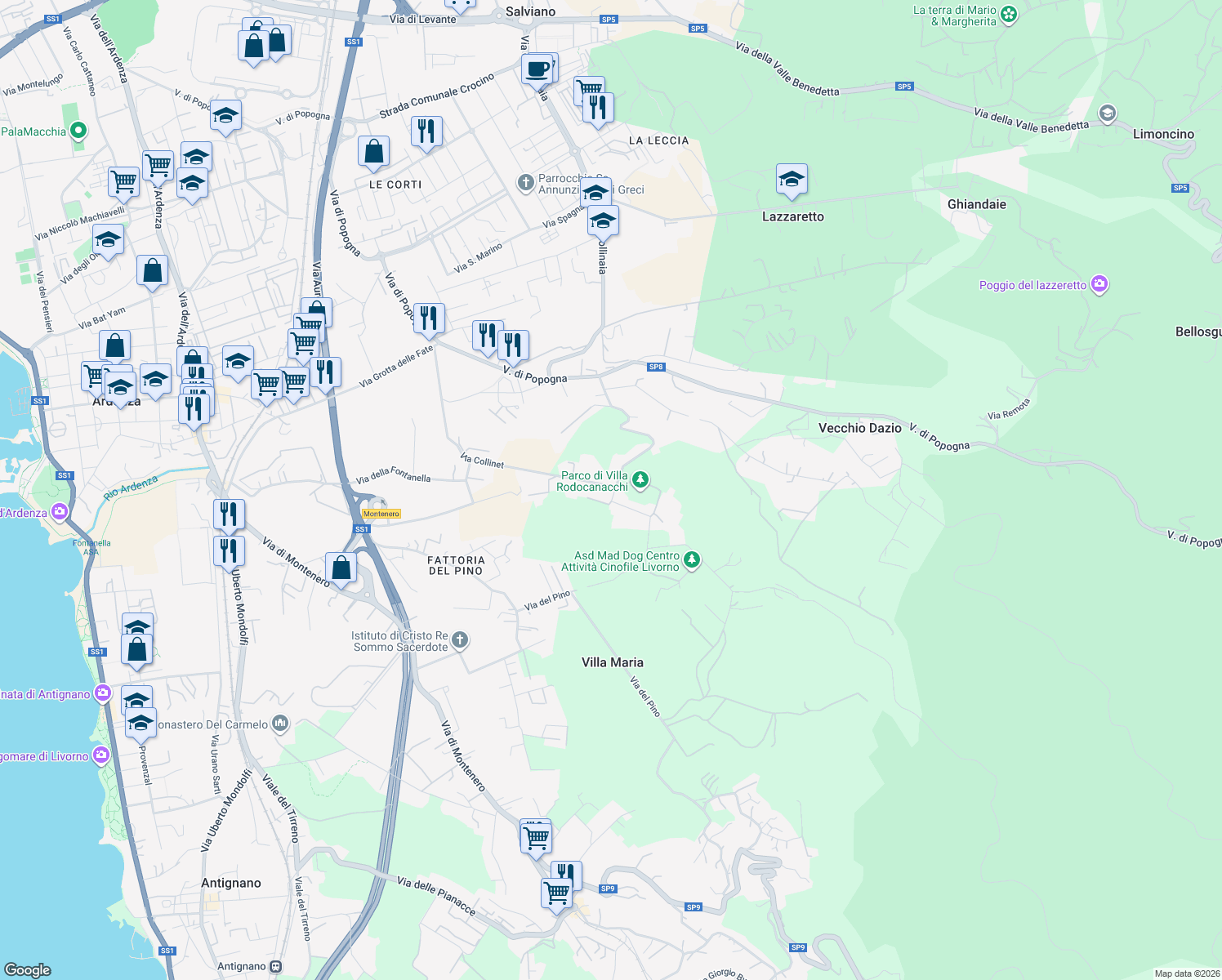 map of restaurants, bars, coffee shops, grocery stores, and more near 112 Via Collinet in Livorno