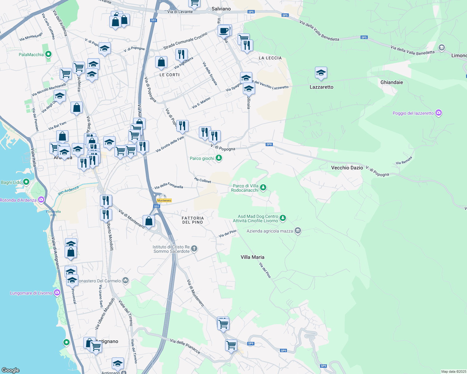 map of restaurants, bars, coffee shops, grocery stores, and more near 80 Via Collinet in Livorno