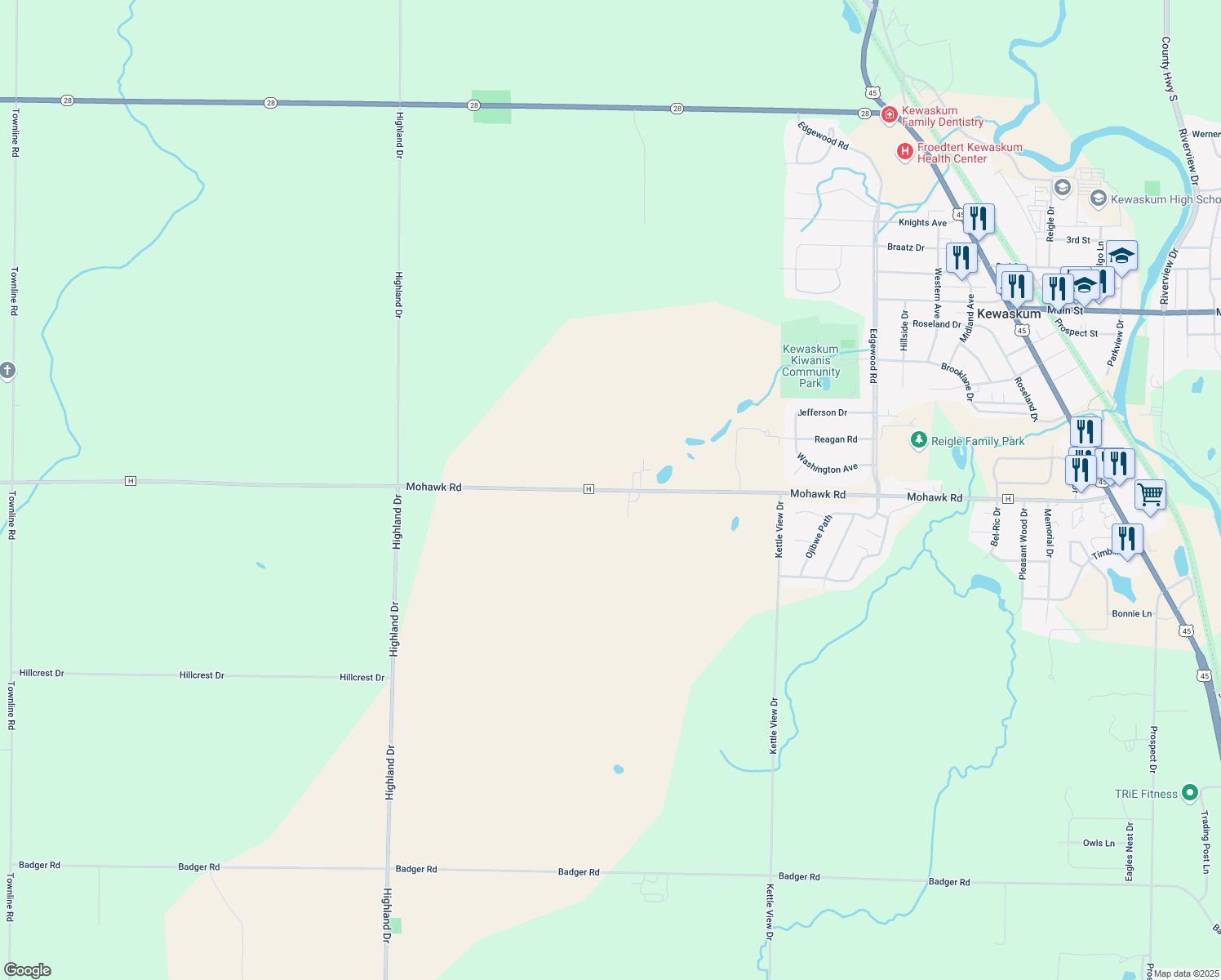 map of restaurants, bars, coffee shops, grocery stores, and more near 4250 County Road H in Kewaskum