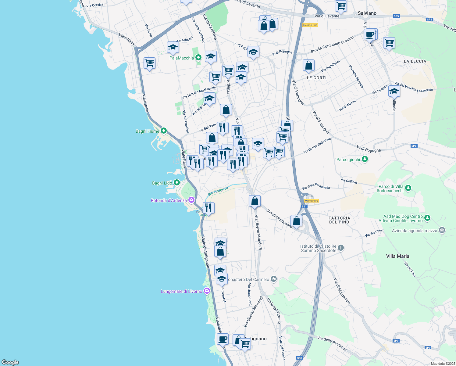 map of restaurants, bars, coffee shops, grocery stores, and more near 9 Via San Simone in Livorno