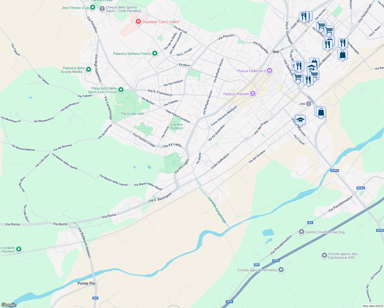 map of restaurants, bars, coffee shops, grocery stores, and more near 9 Via Monte Tabor in Jesi