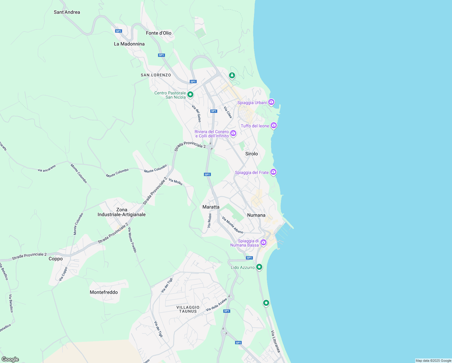 map of restaurants, bars, coffee shops, grocery stores, and more near 13 Via Buenos Aires in Sirolo