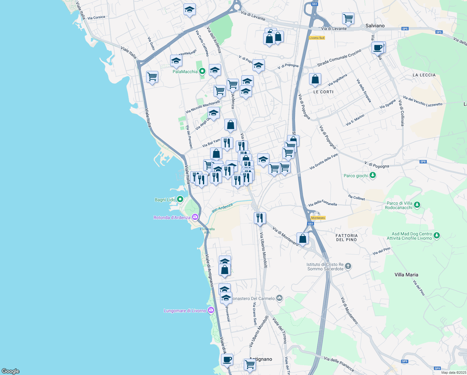 map of restaurants, bars, coffee shops, grocery stores, and more near 26 Via San Simone in Livorno