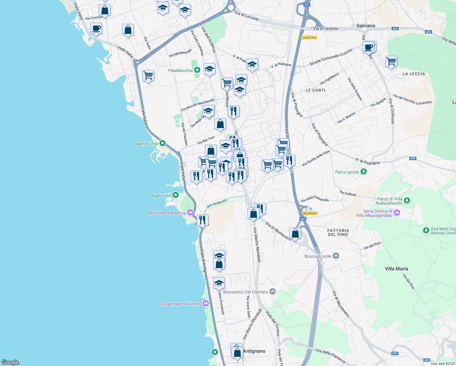 map of restaurants, bars, coffee shops, grocery stores, and more near 26 Via San Simone in Livorno