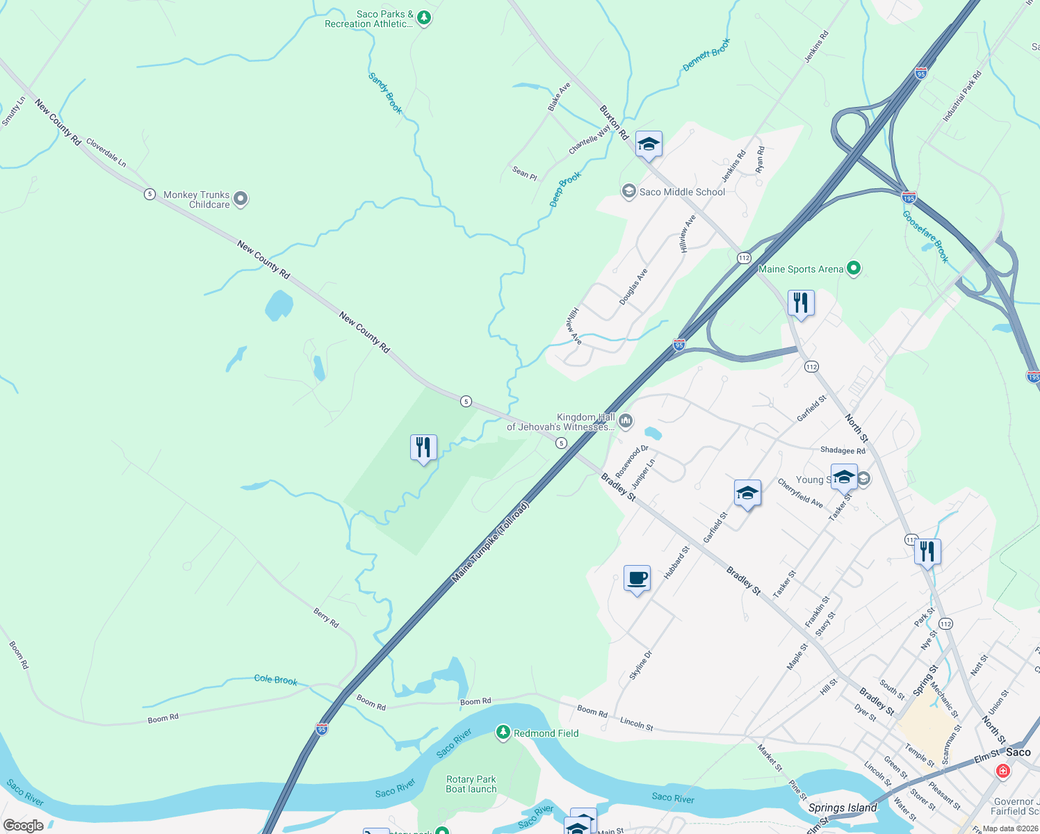map of restaurants, bars, coffee shops, grocery stores, and more near 19 New County Road in Saco