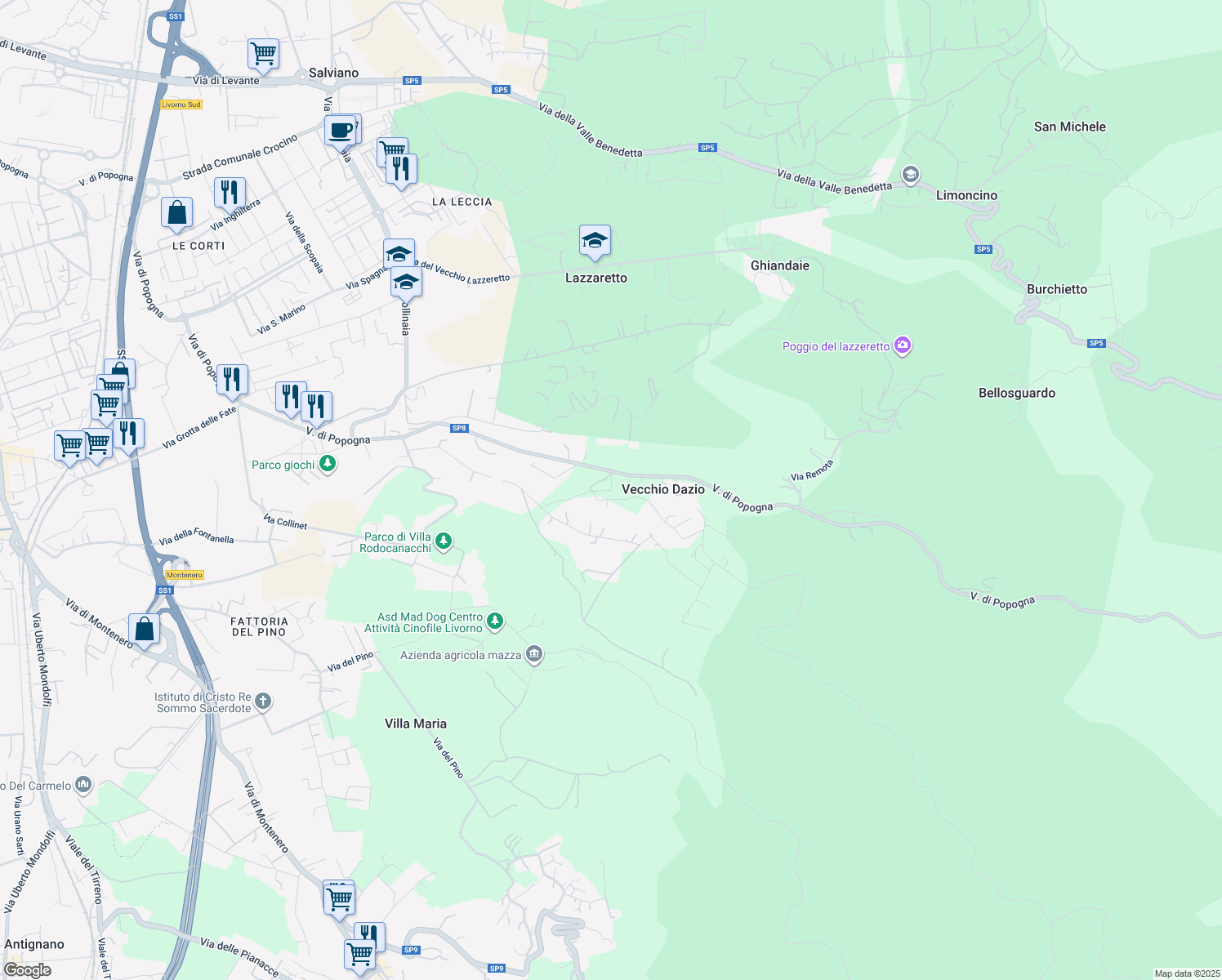 map of restaurants, bars, coffee shops, grocery stores, and more near 467 Via di Popogna in Livorno