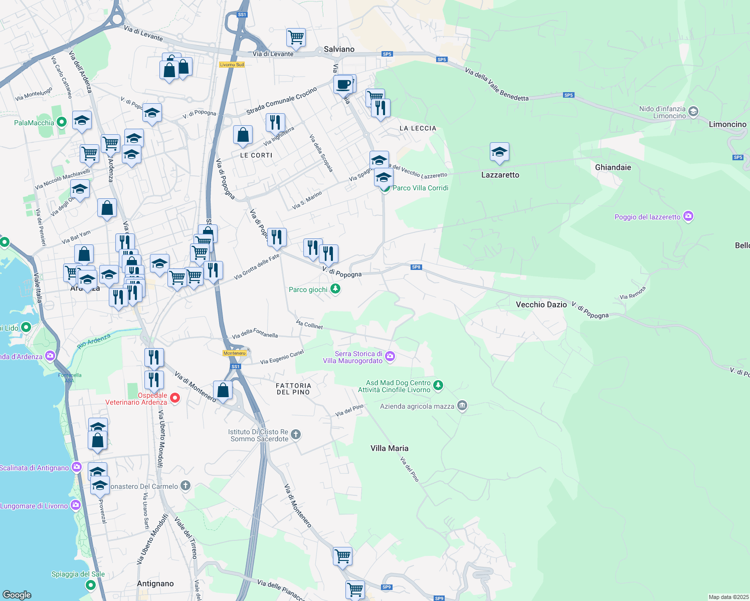 map of restaurants, bars, coffee shops, grocery stores, and more near 18 Via di Monterotondo in Livorno