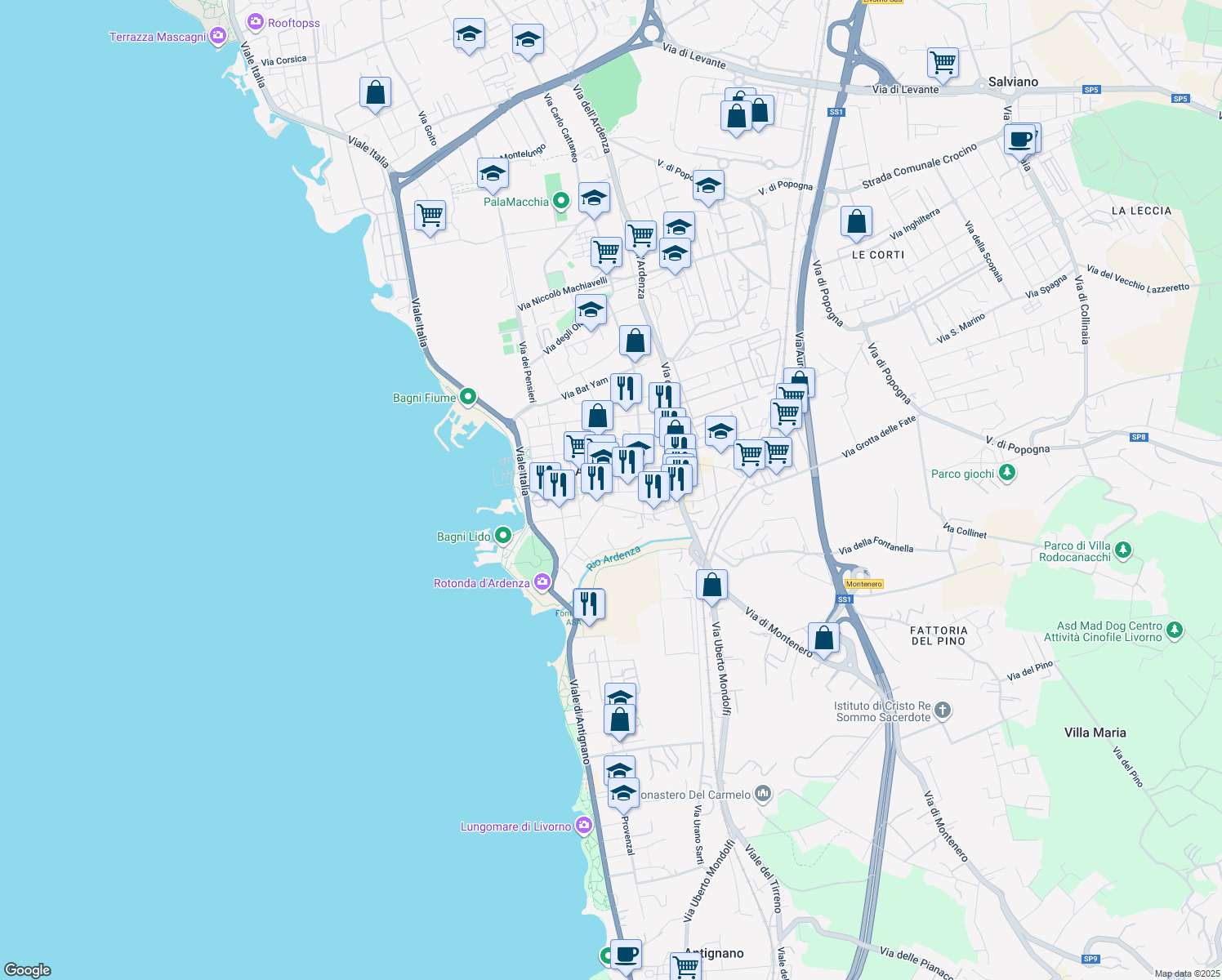 map of restaurants, bars, coffee shops, grocery stores, and more near 102 Via Oreste Franchini in Livorno
