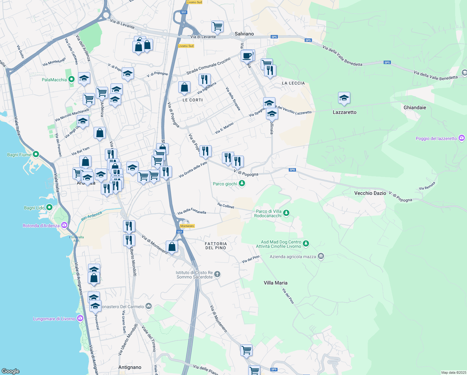 map of restaurants, bars, coffee shops, grocery stores, and more near 14 Via A. Guelfi in Livorno