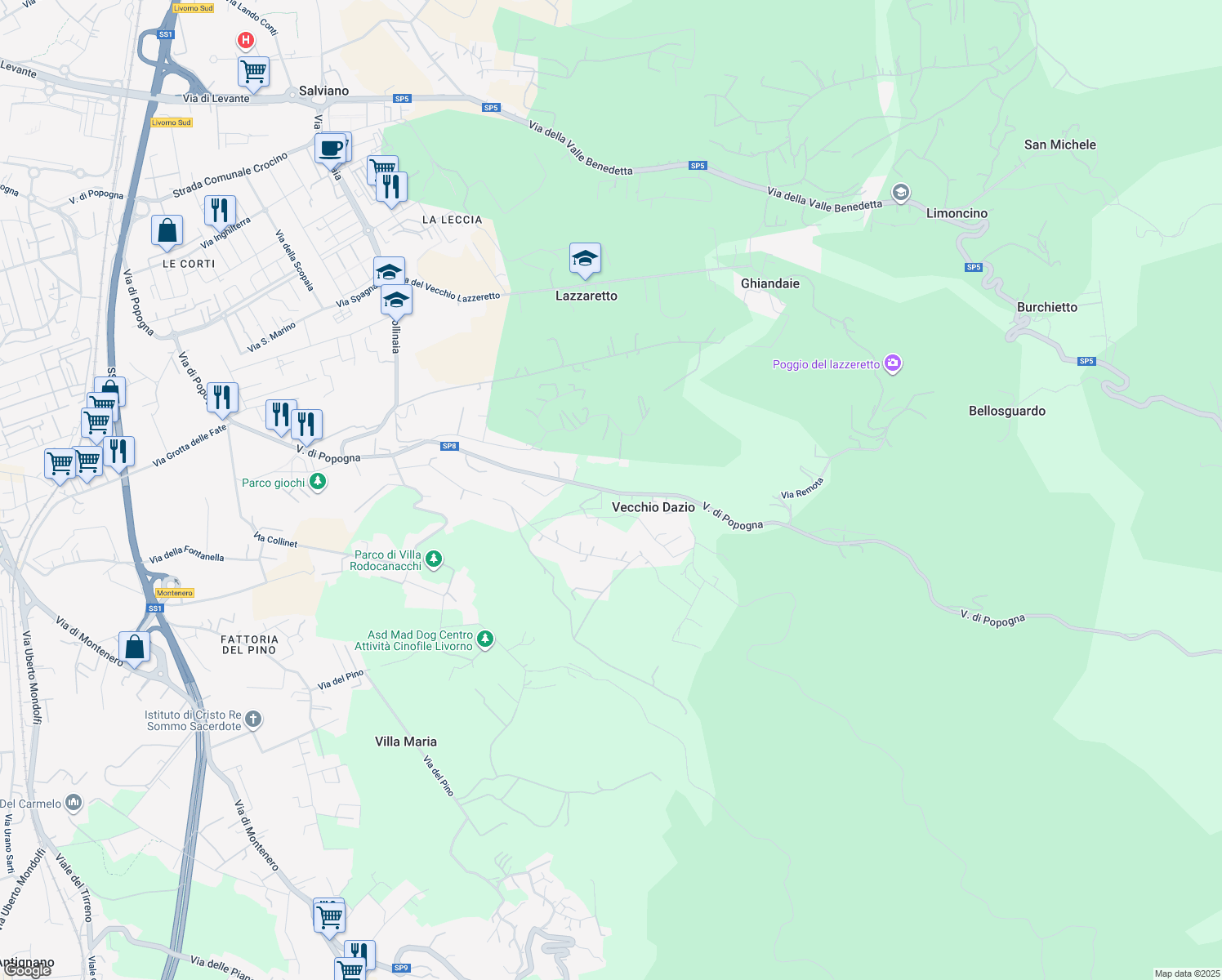map of restaurants, bars, coffee shops, grocery stores, and more near 467 Via di Popogna in Livorno