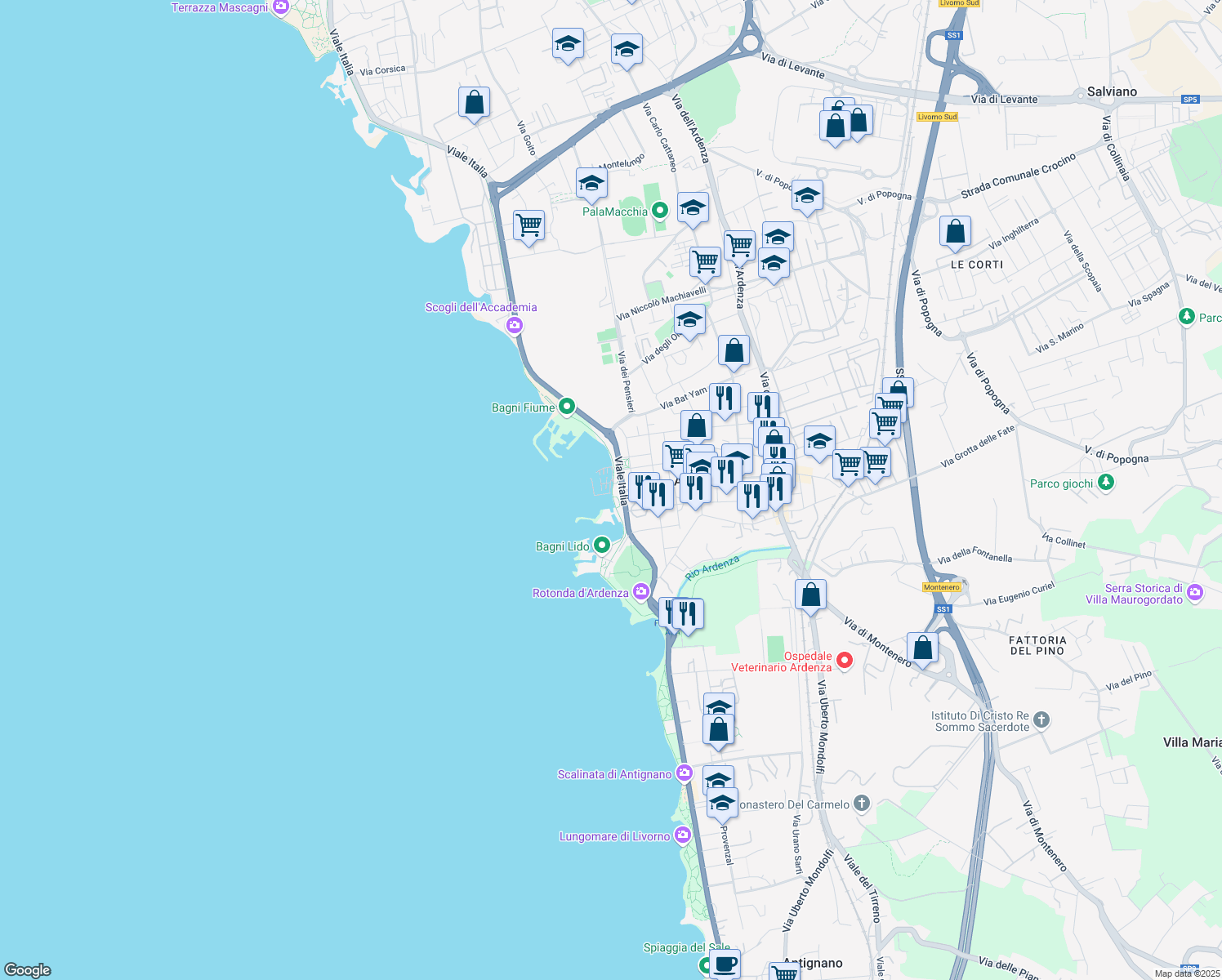 map of restaurants, bars, coffee shops, grocery stores, and more near 104 Viale Italia in Livorno