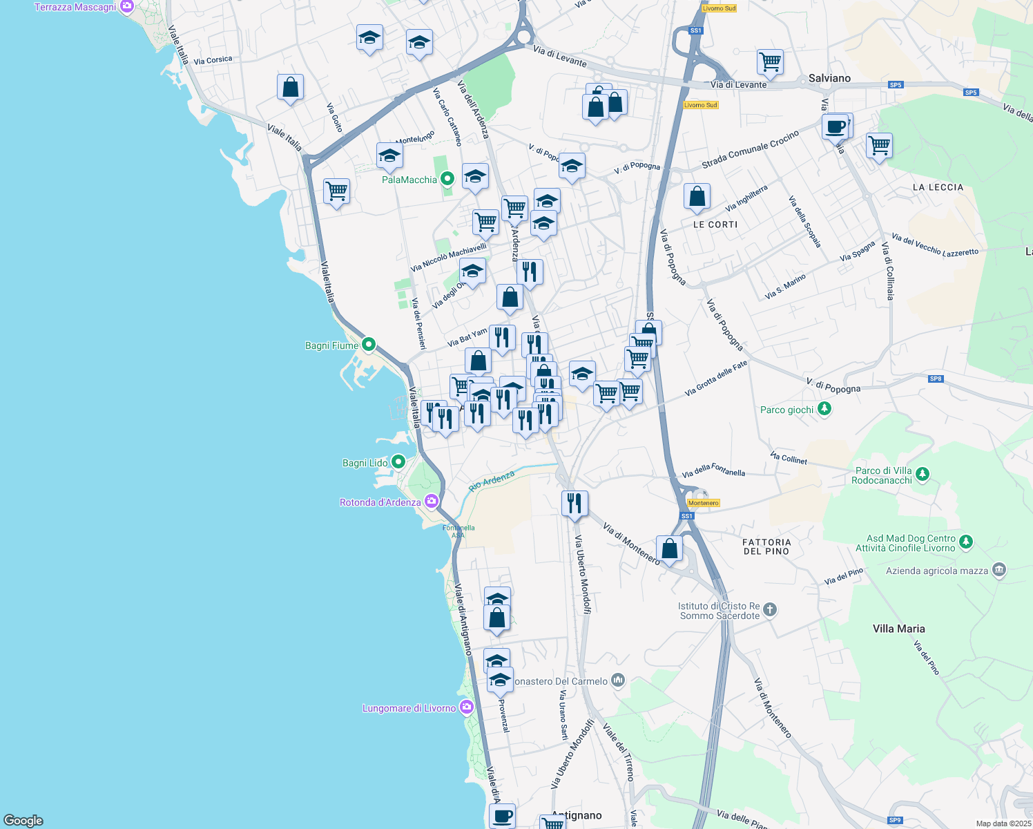 map of restaurants, bars, coffee shops, grocery stores, and more near 9 Via San Simone in Livorno