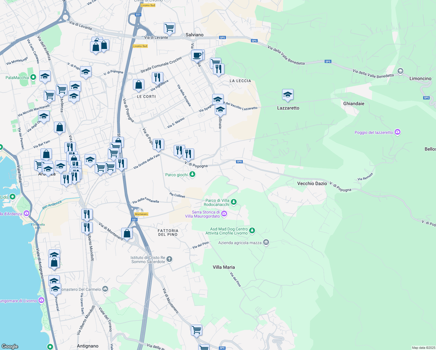 map of restaurants, bars, coffee shops, grocery stores, and more near 18 Via di Monterotondo in Livorno