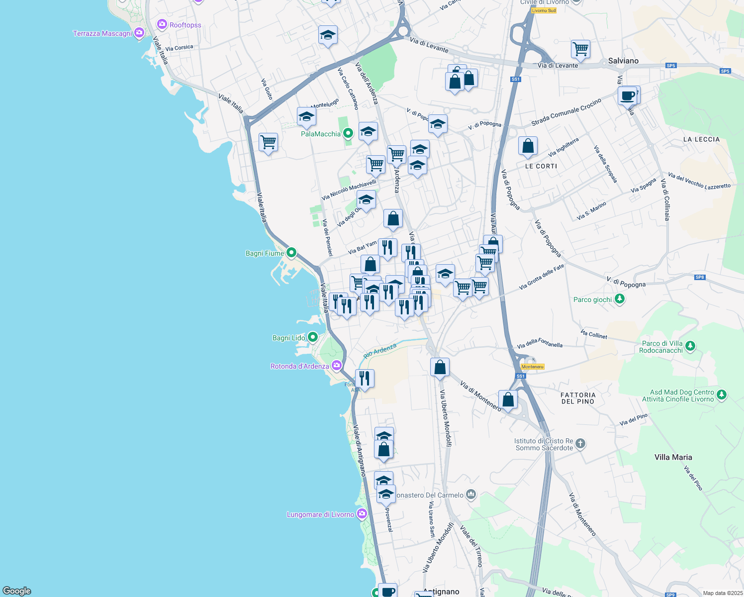 map of restaurants, bars, coffee shops, grocery stores, and more near 102 Via Oreste Franchini in Livorno