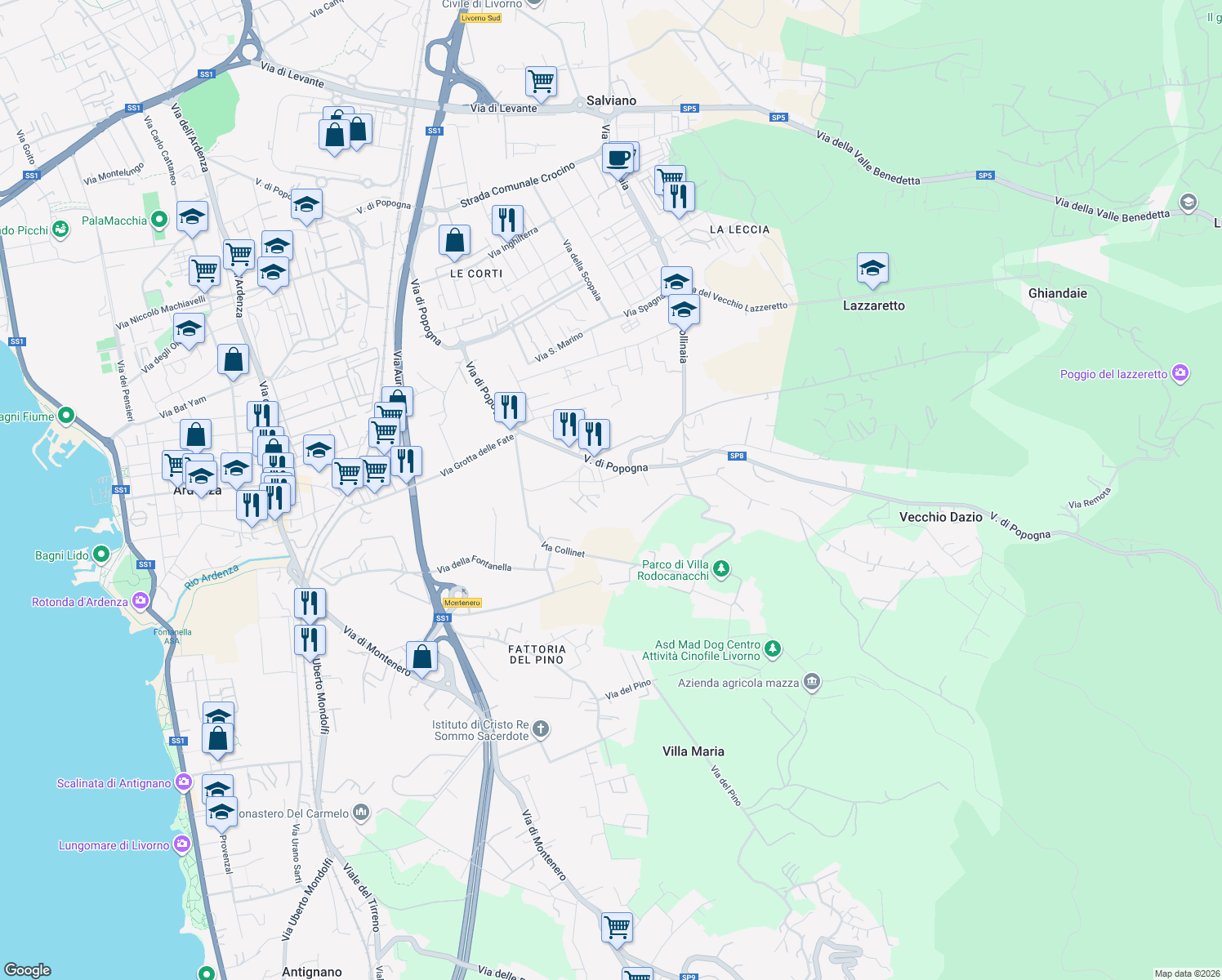 map of restaurants, bars, coffee shops, grocery stores, and more near 17 Via Fortunato Garzelli in Livorno