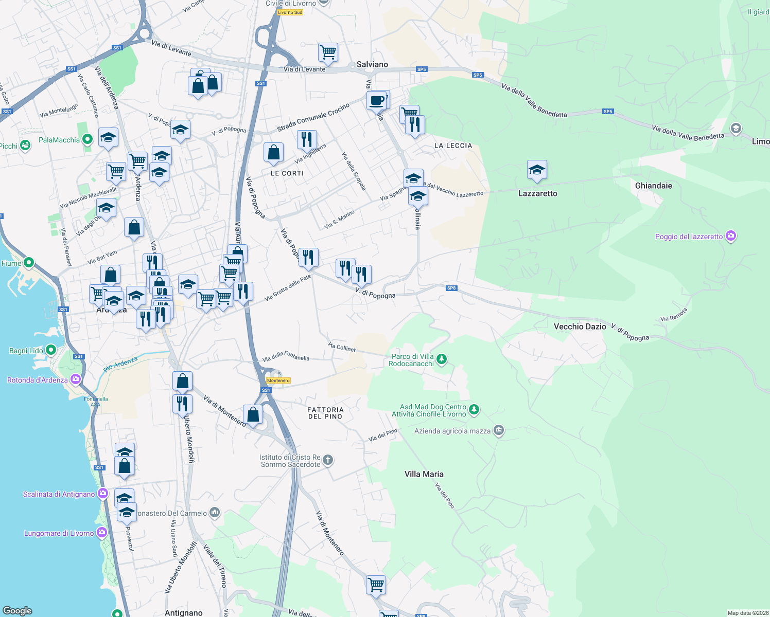 map of restaurants, bars, coffee shops, grocery stores, and more near 17 Via Fortunato Garzelli in Livorno