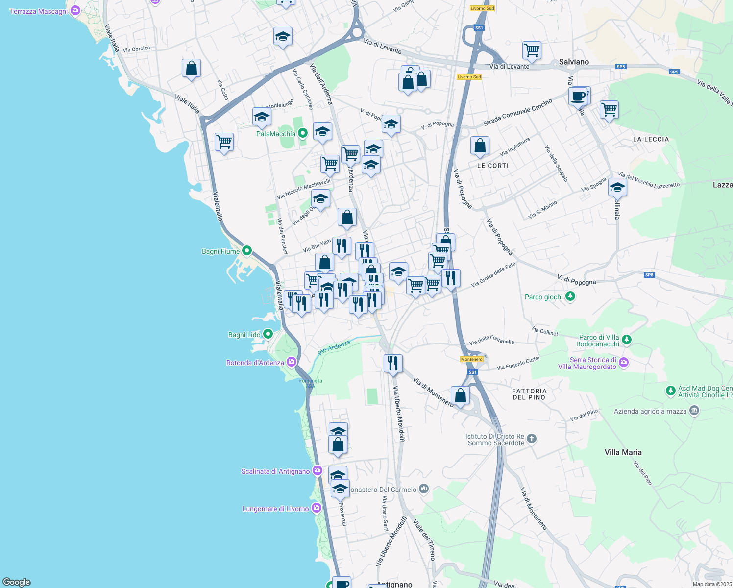 map of restaurants, bars, coffee shops, grocery stores, and more near 96 Via del Mare in Livorno