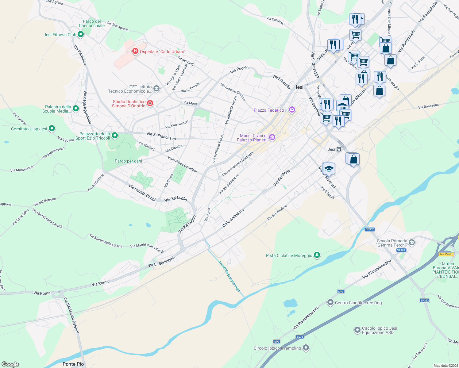 map of restaurants, bars, coffee shops, grocery stores, and more near 58 Via XX Settembre in Jesi