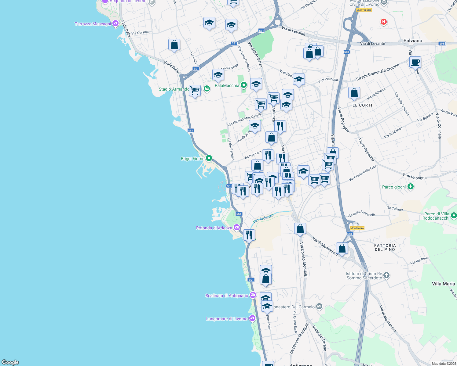 map of restaurants, bars, coffee shops, grocery stores, and more near 367 Via Giovanni Salvestri in Livorno