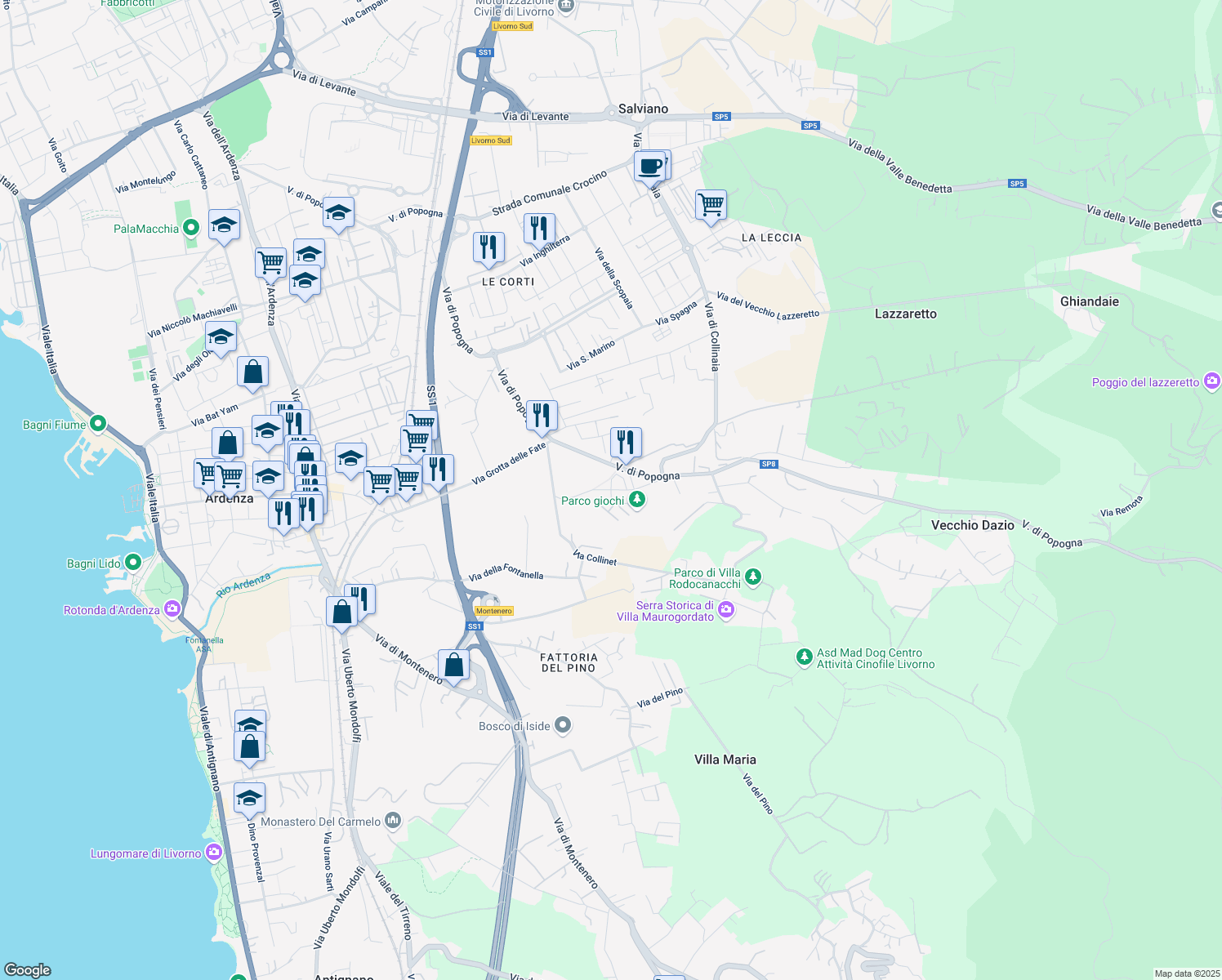 map of restaurants, bars, coffee shops, grocery stores, and more near 272 Via di Popogna in Livorno