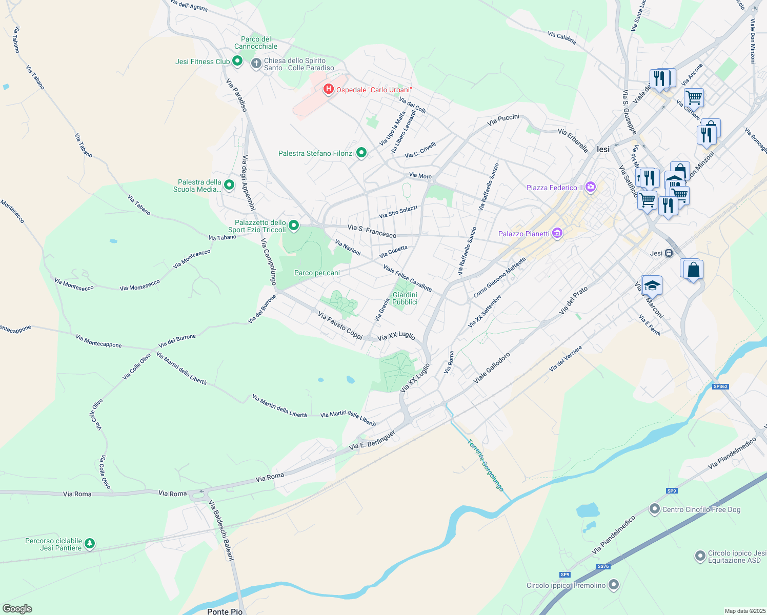 map of restaurants, bars, coffee shops, grocery stores, and more near 7A Via Grecia in Jesi