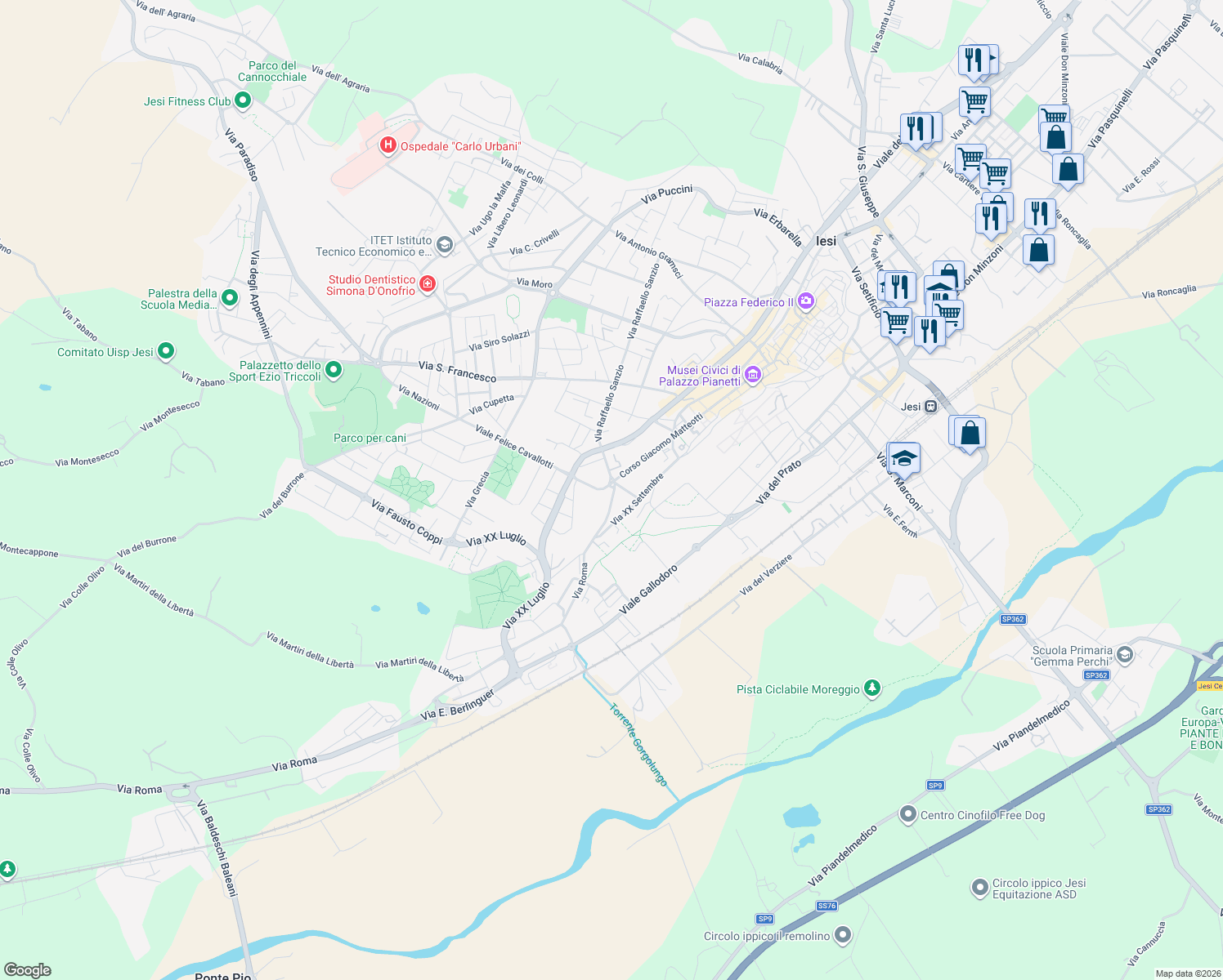 map of restaurants, bars, coffee shops, grocery stores, and more near 7 Viale Felice Cavallotti in Jesi