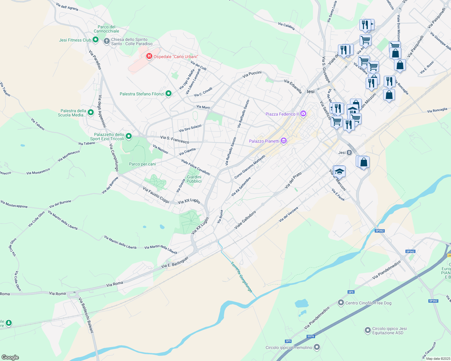 map of restaurants, bars, coffee shops, grocery stores, and more near 7 Viale Felice Cavallotti in Jesi