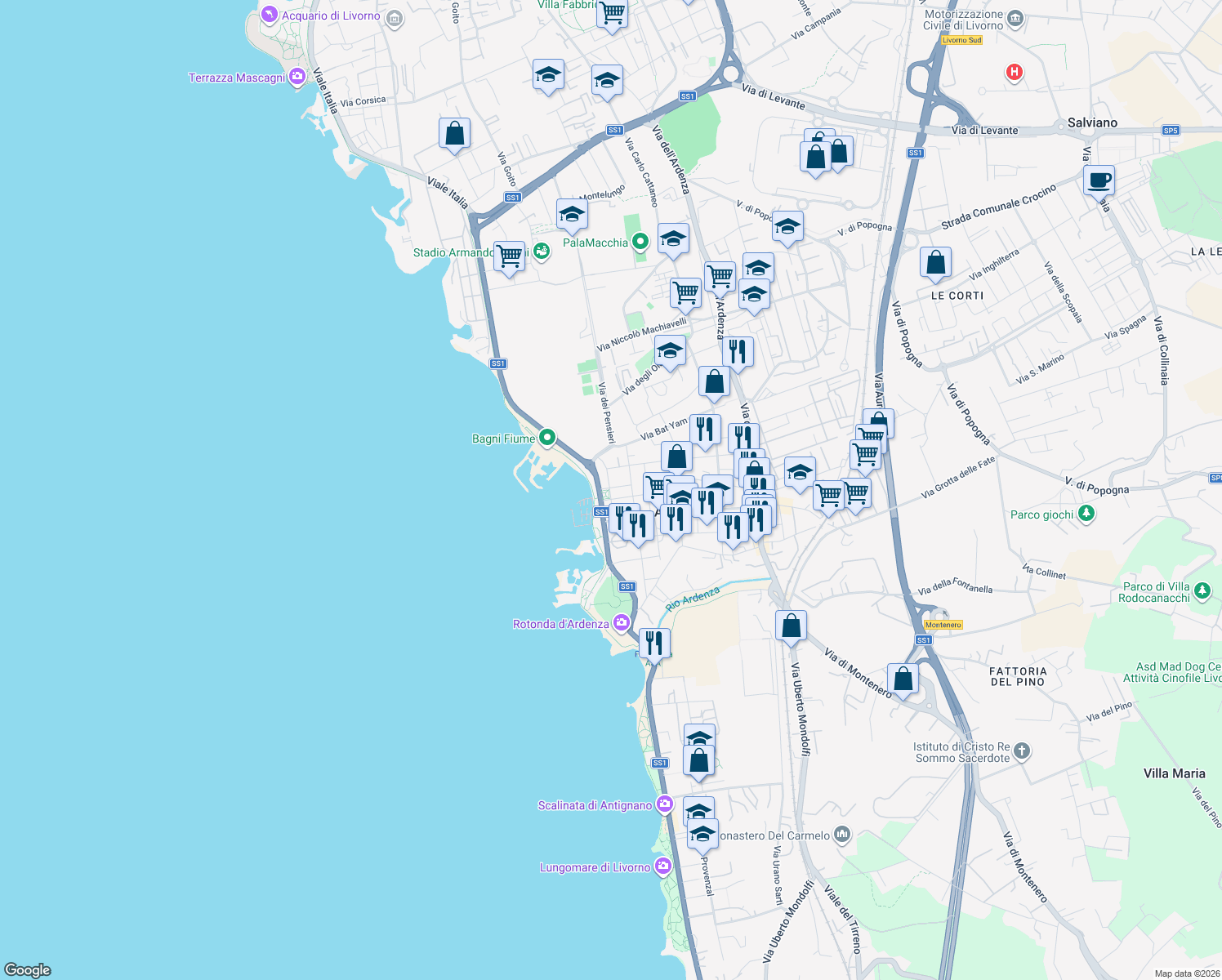 map of restaurants, bars, coffee shops, grocery stores, and more near 367 Via Giovanni Salvestri in Livorno