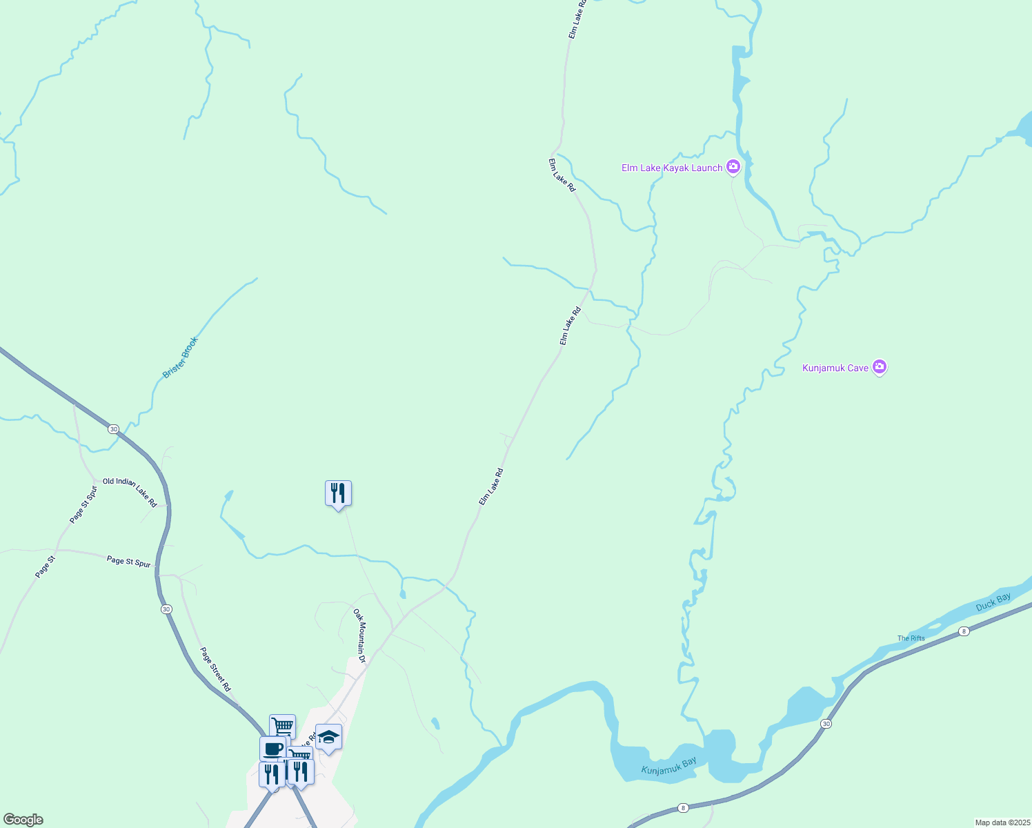 map of restaurants, bars, coffee shops, grocery stores, and more near 239 Elm Lake Road in Speculator