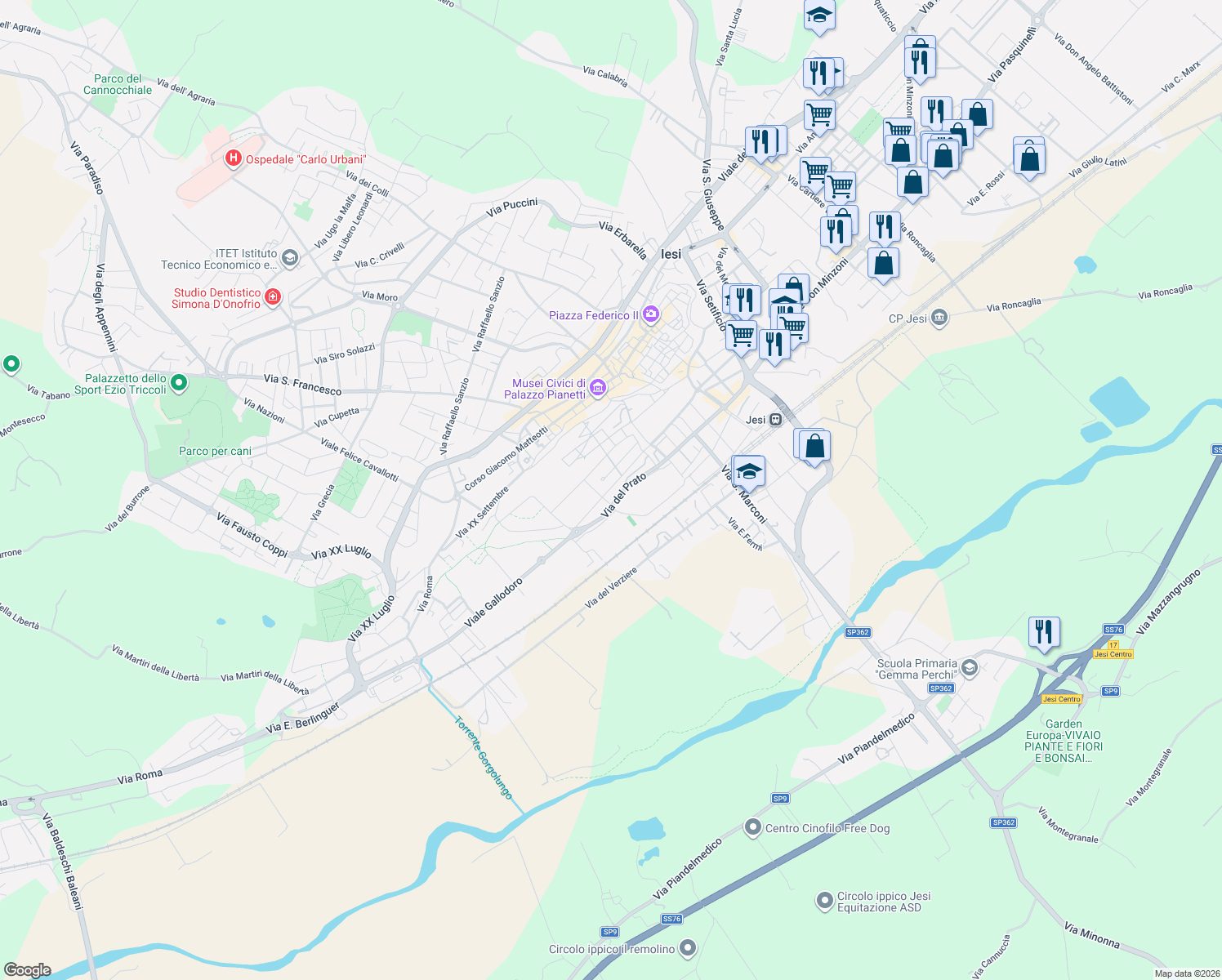map of restaurants, bars, coffee shops, grocery stores, and more near 44 Viale Gallodoro in Jesi